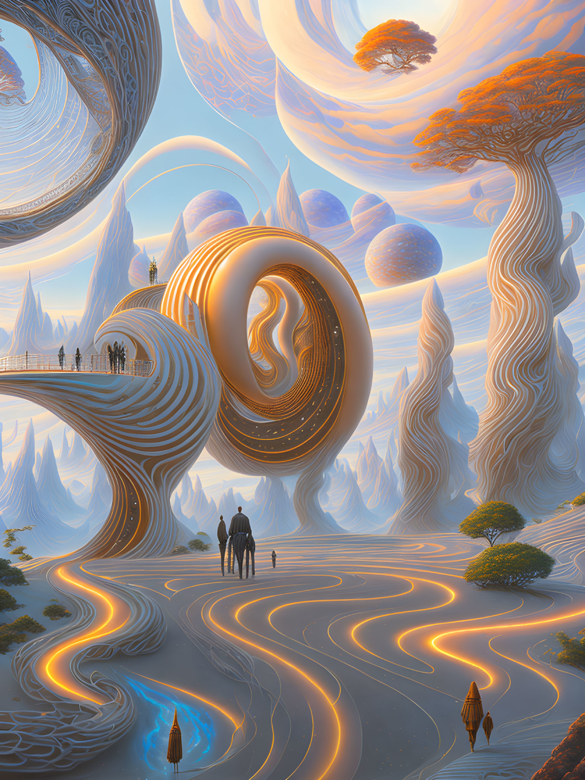 Surreal landscape with swirling patterns, towering trees, and planetary bodies in the sky