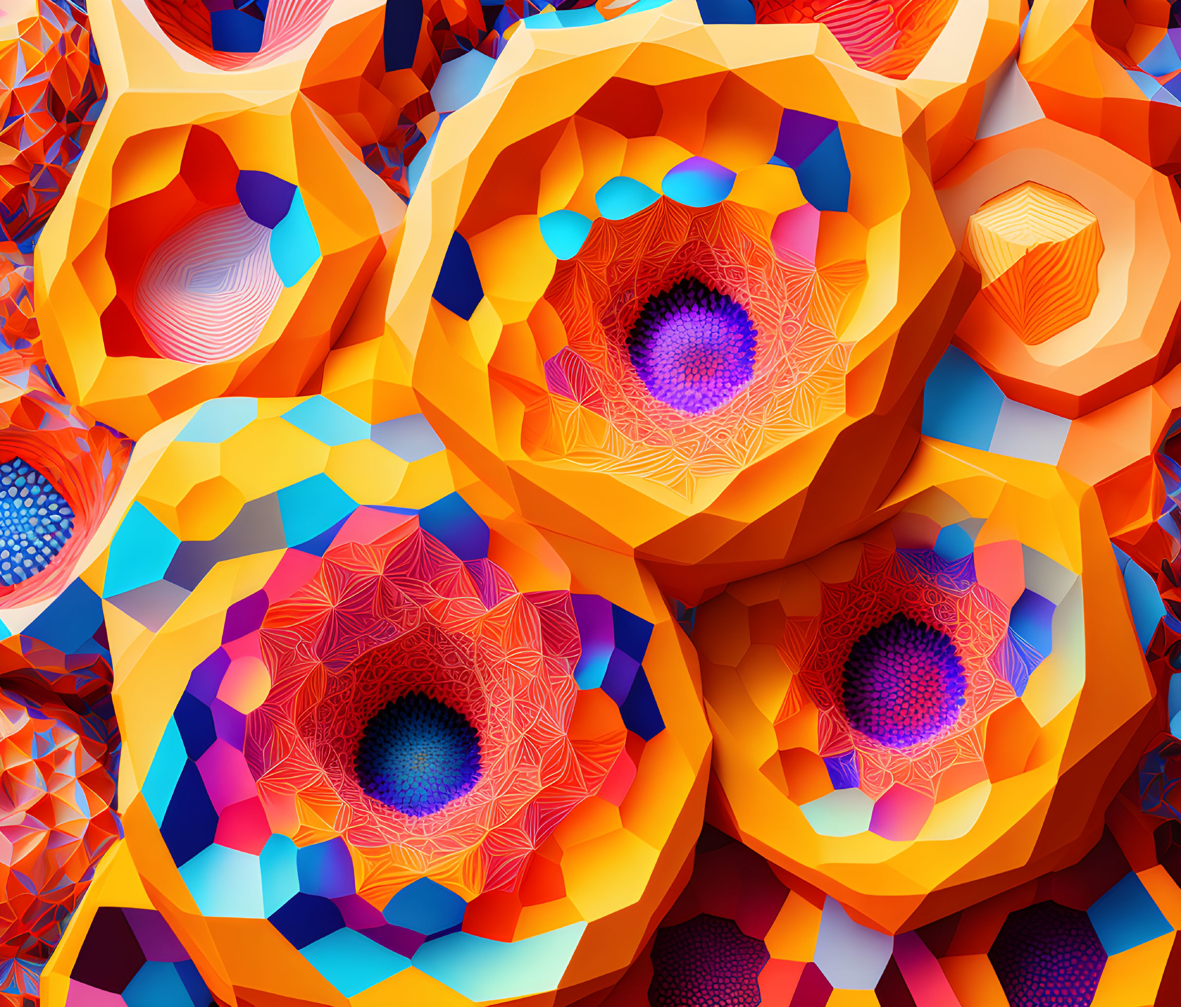 Abstract geometric flowers in vibrant orange, blue, and red hues