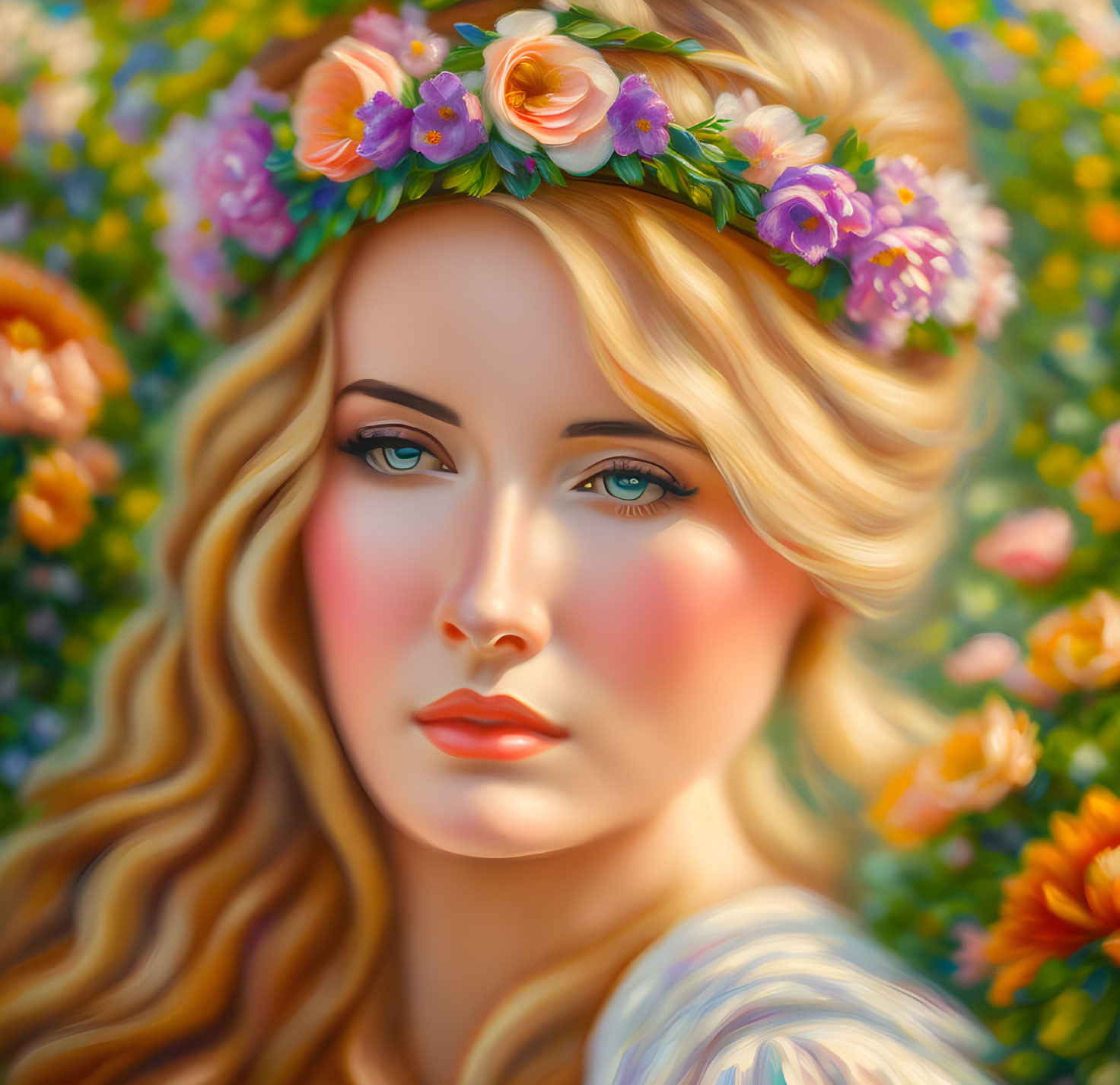 Blond woman with floral wreath in front of vibrant flowers