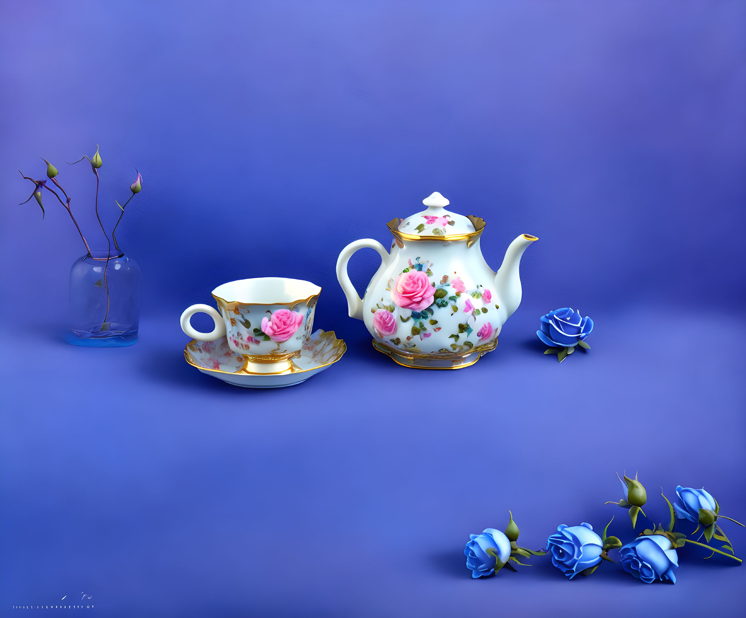 Porcelain teapot, cup, and glass vase with floral design on blue background