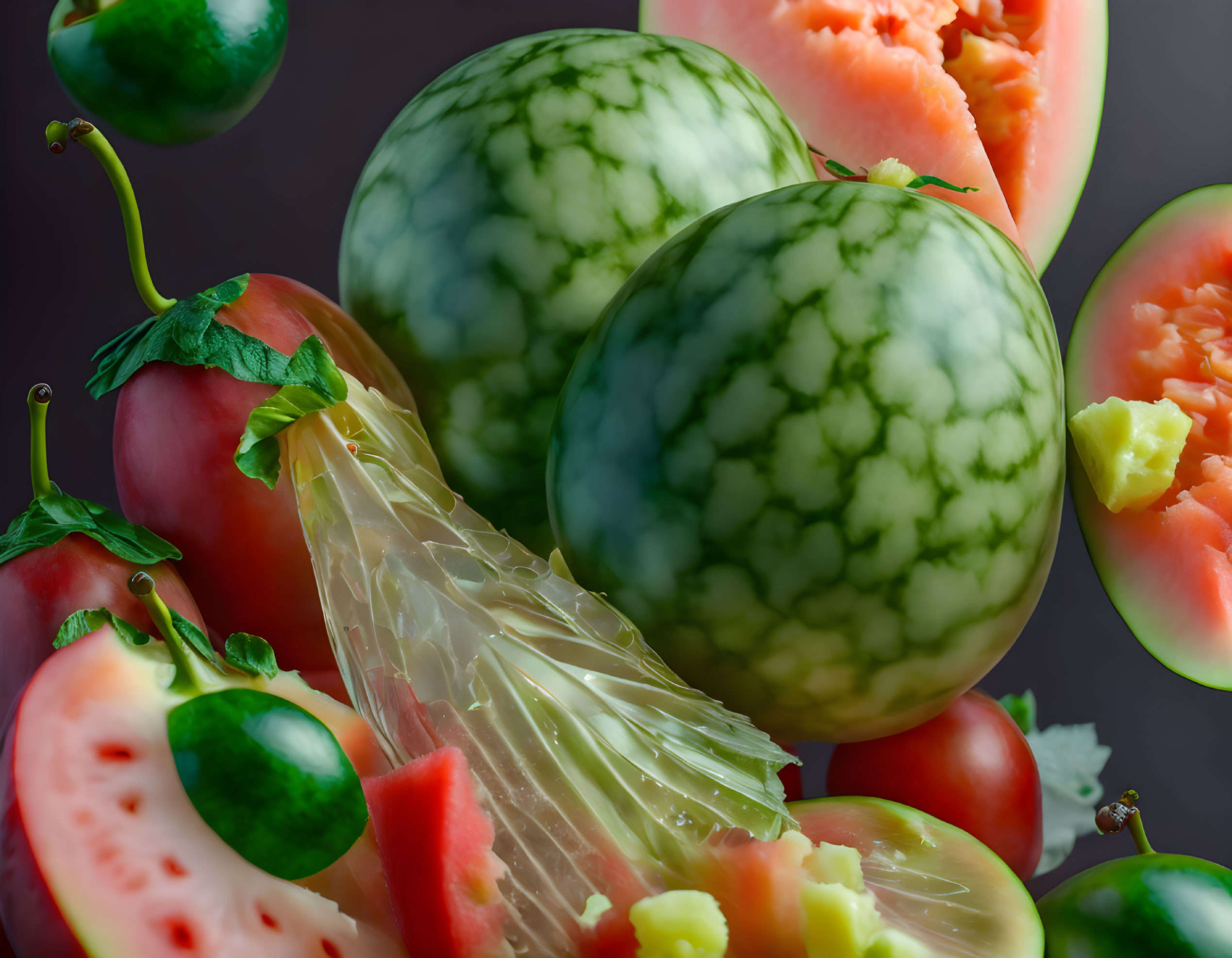 Vibrant watermelons and tomatoes display on dark backdrop