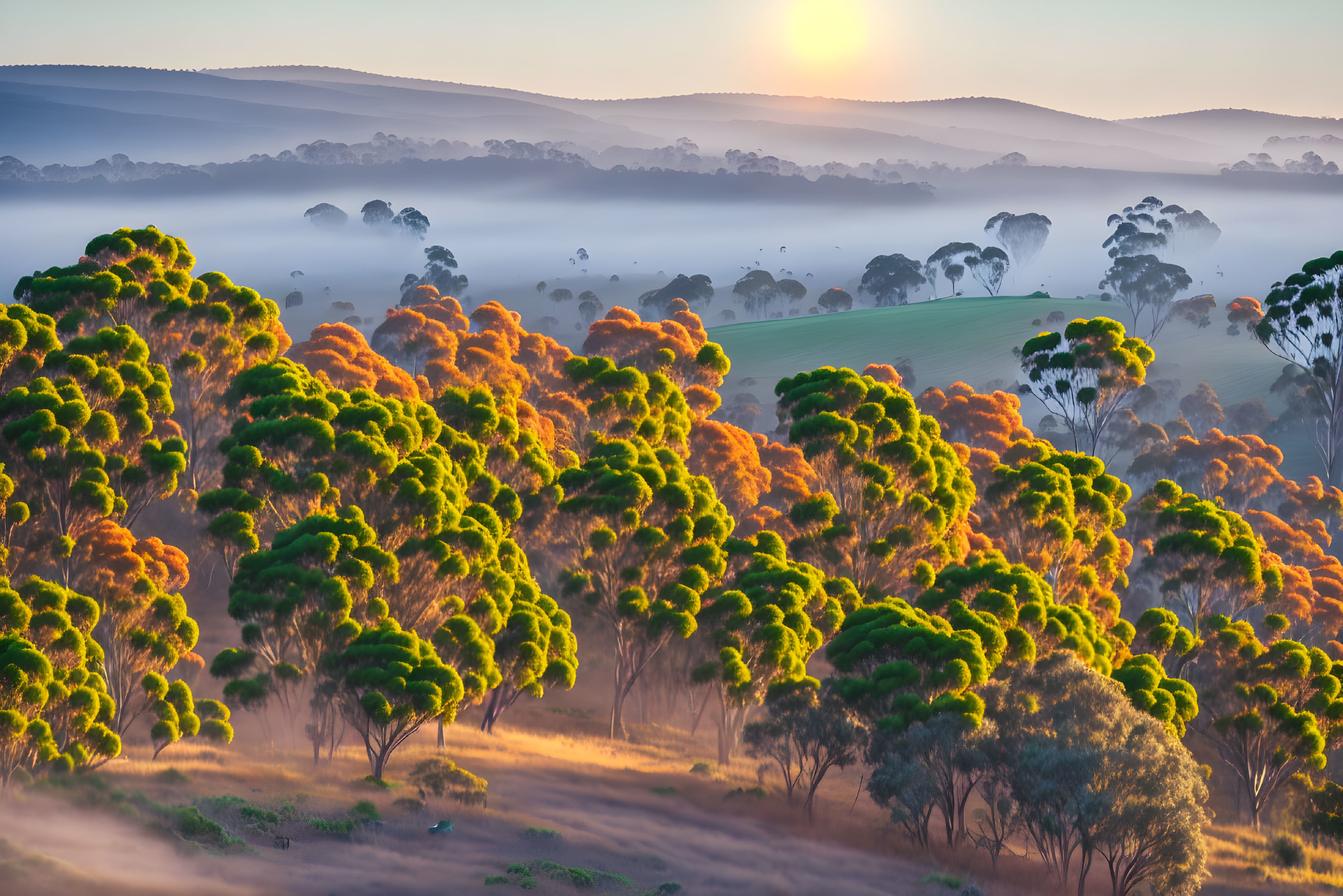 Misty sunrise over eucalyptus trees and hills