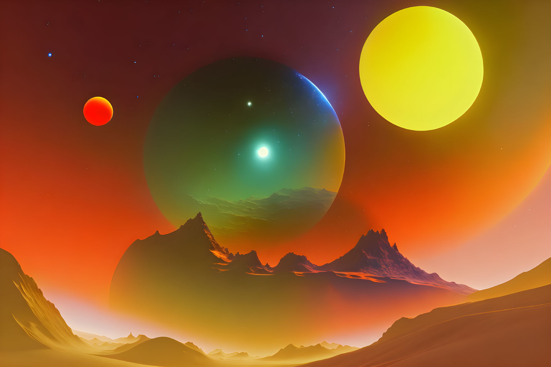 Futuristic sci-fi landscape with mountains, multiple celestial bodies, and two suns