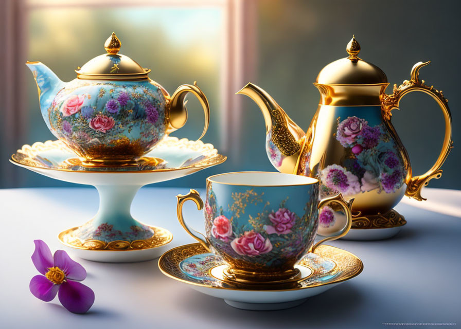 Floral design tea set with teapot, cup, saucer, mirror reflection, and purple flower