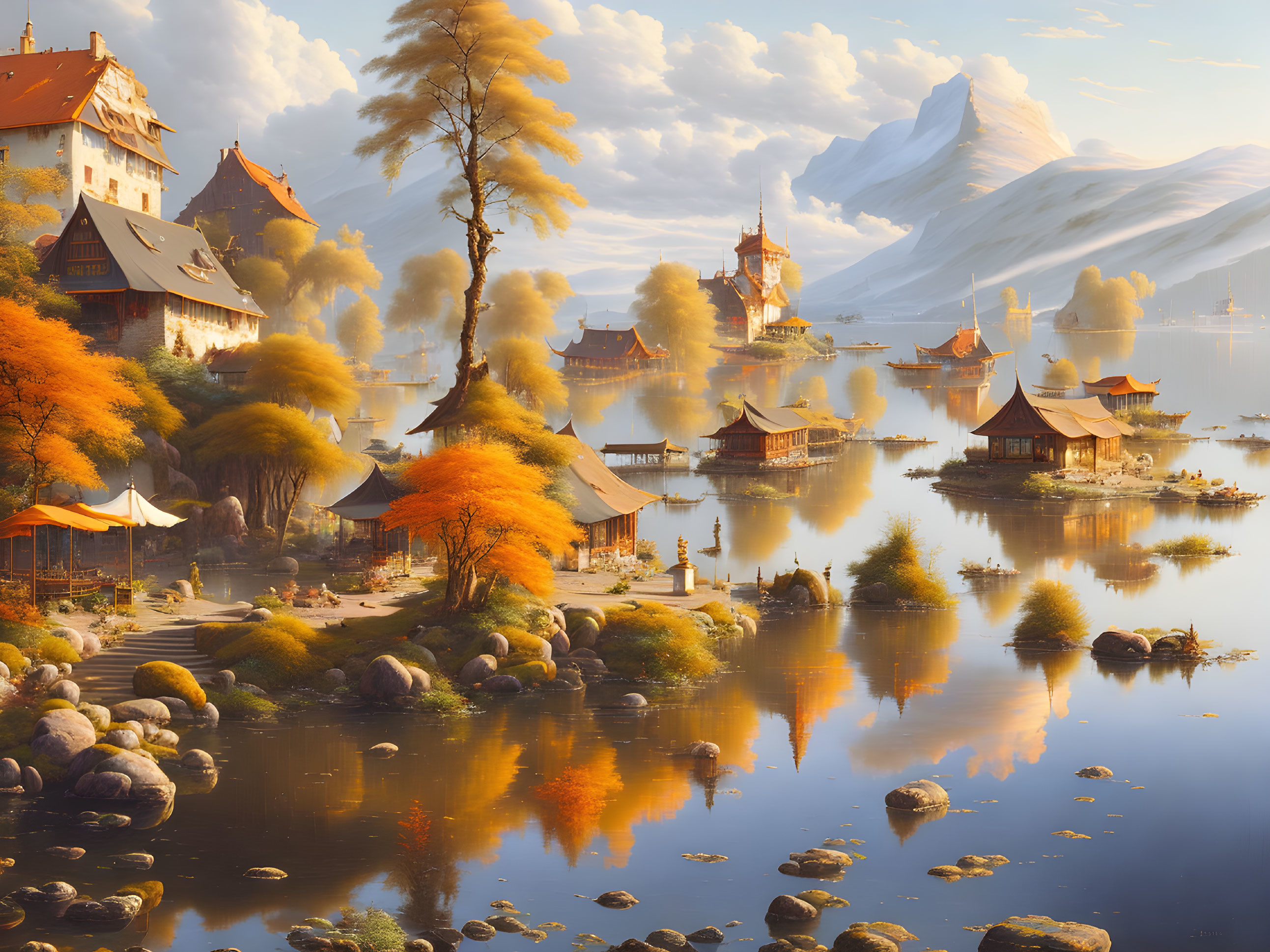 Autumnal fantasy landscape with calm waters and snowy mountains