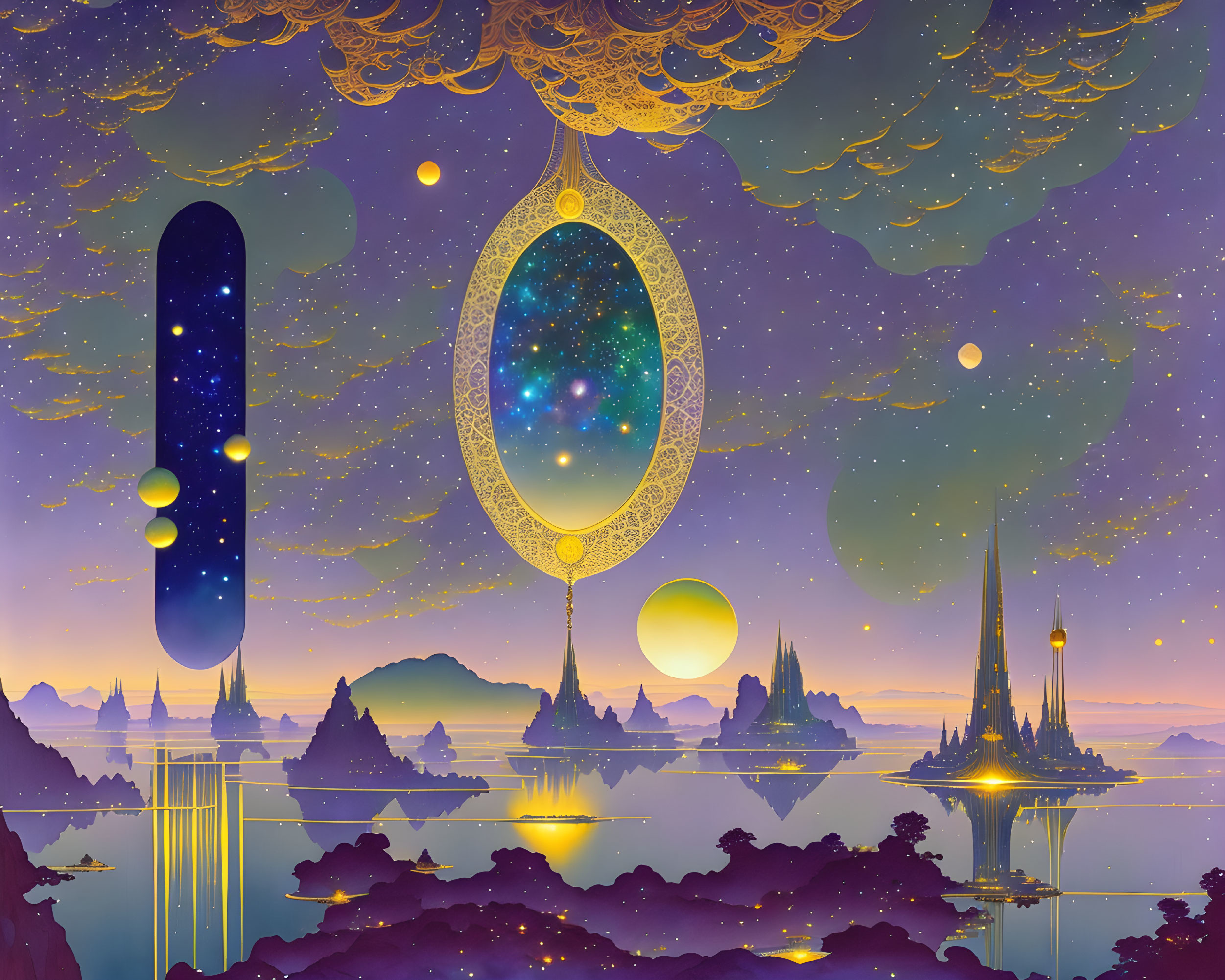 Fantasy landscape with floating islands and celestial mirrors