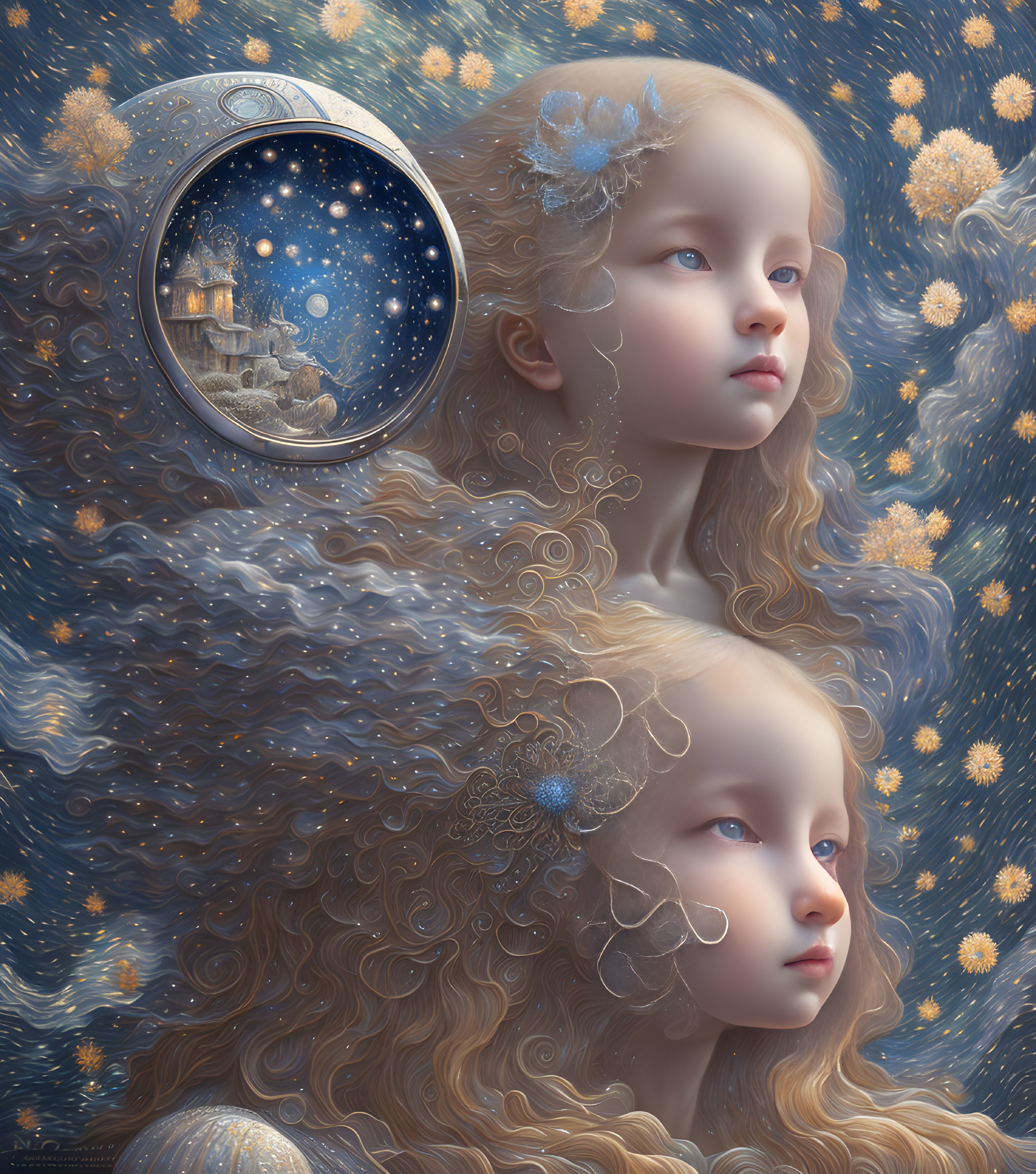 Ethereal girls with celestial hair in starry scene