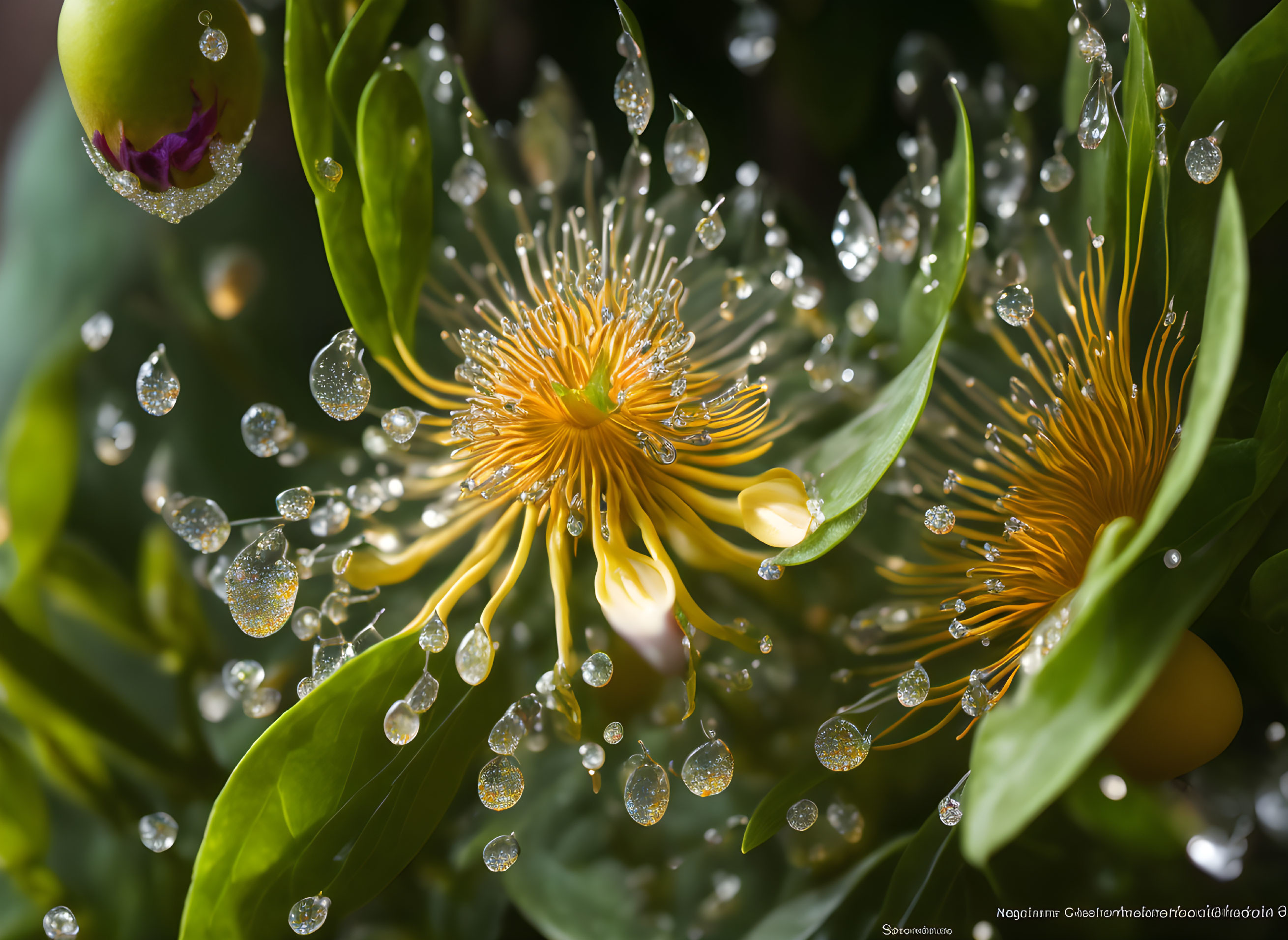 Vibrant yellow flower with dewdrops on thin filaments against green leaves