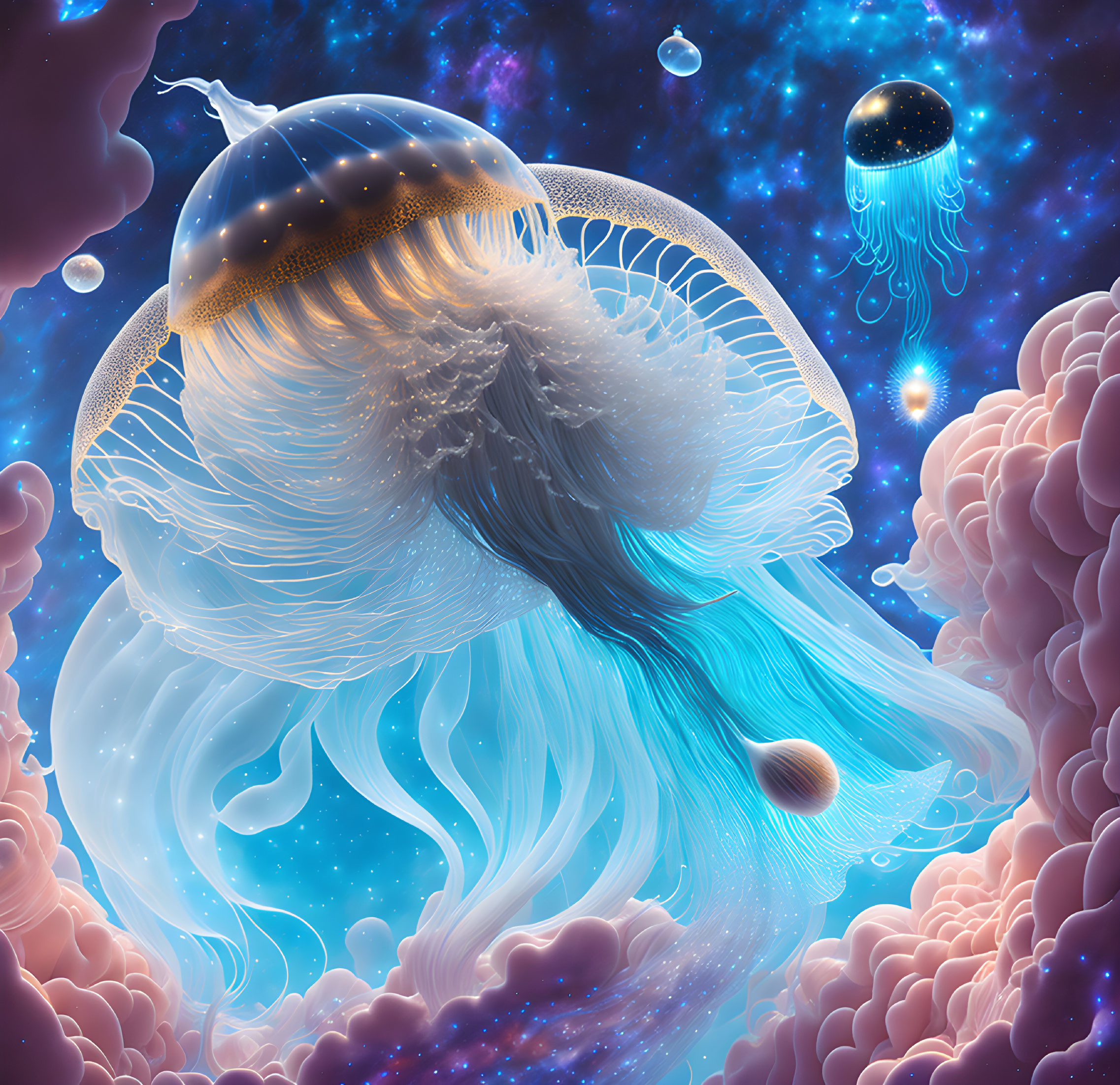 Ethereal jellyfish in starry underwater scene