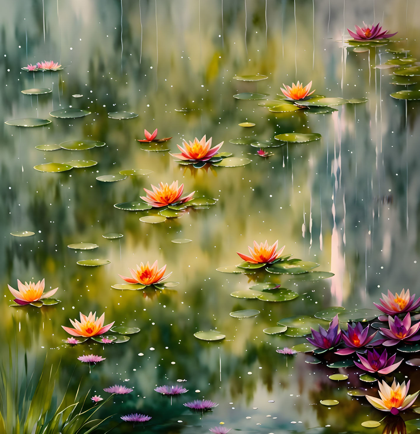 Tranquil pond with pink and purple water lilies under gentle rainfall