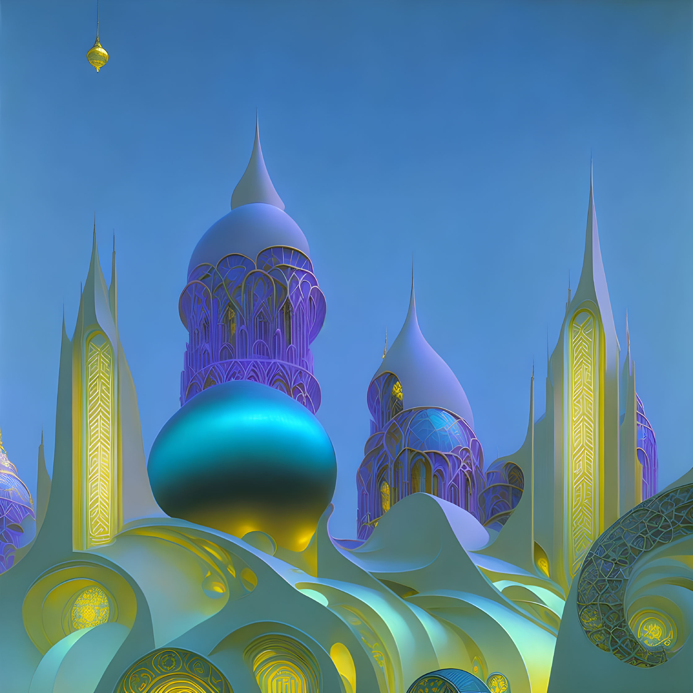 Vibrant futuristic domed structures in fantasy landscape