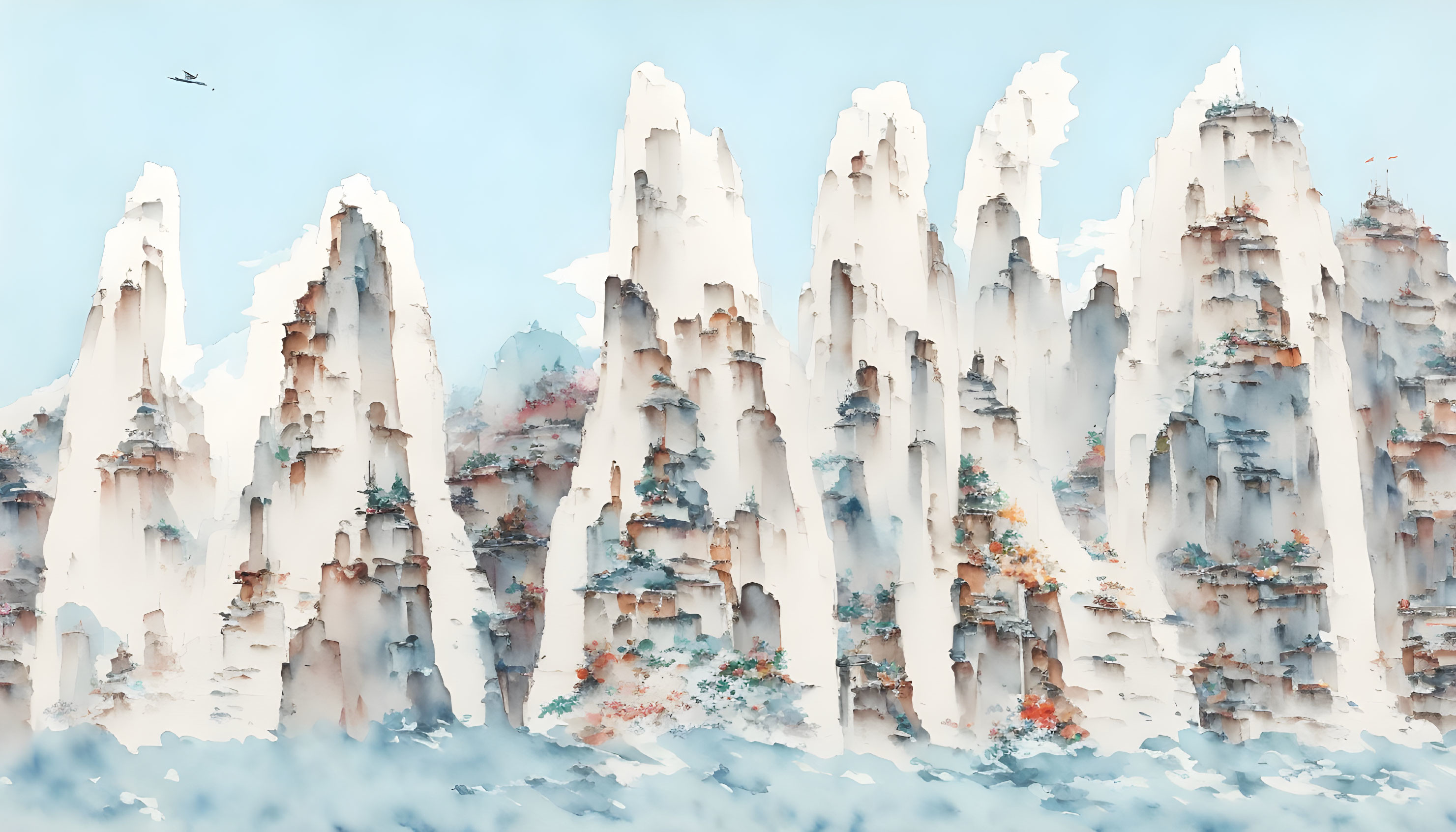 Majestic mist-covered mountain peaks with sparse vegetation under a tranquil sky.