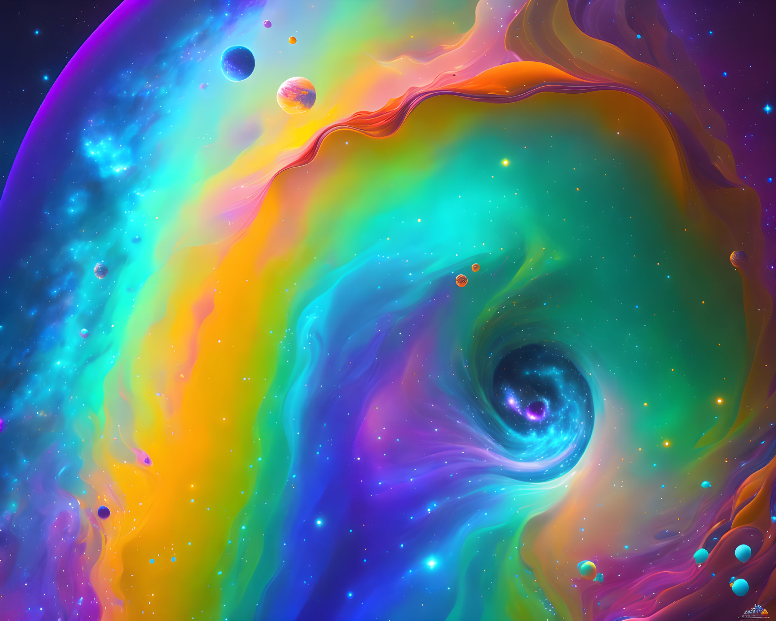 Colorful Cosmic Digital Artwork with Swirling Galaxy and Planets