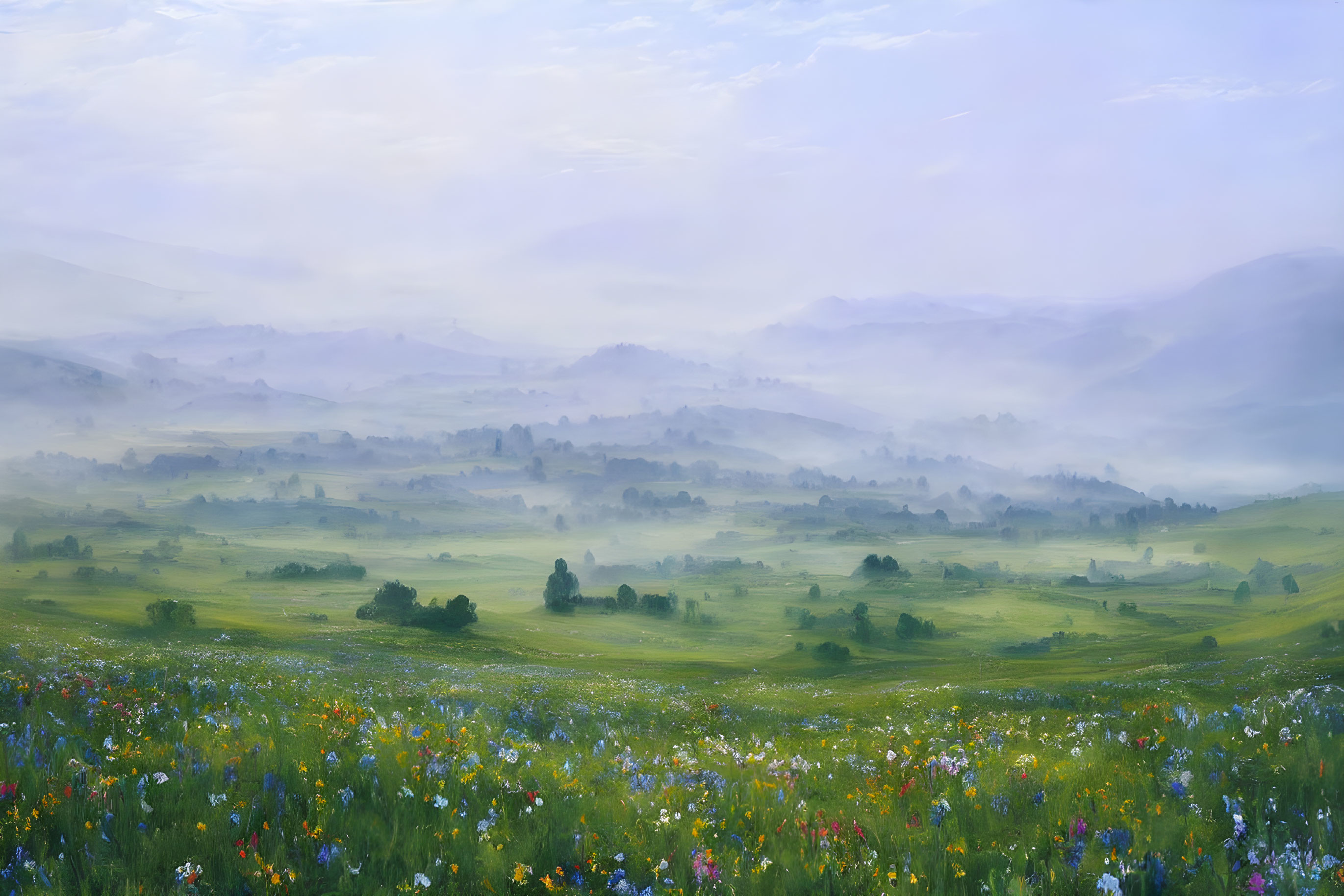 Tranquil landscape: Rolling hills, wildflowers, misty haze, pastel sky