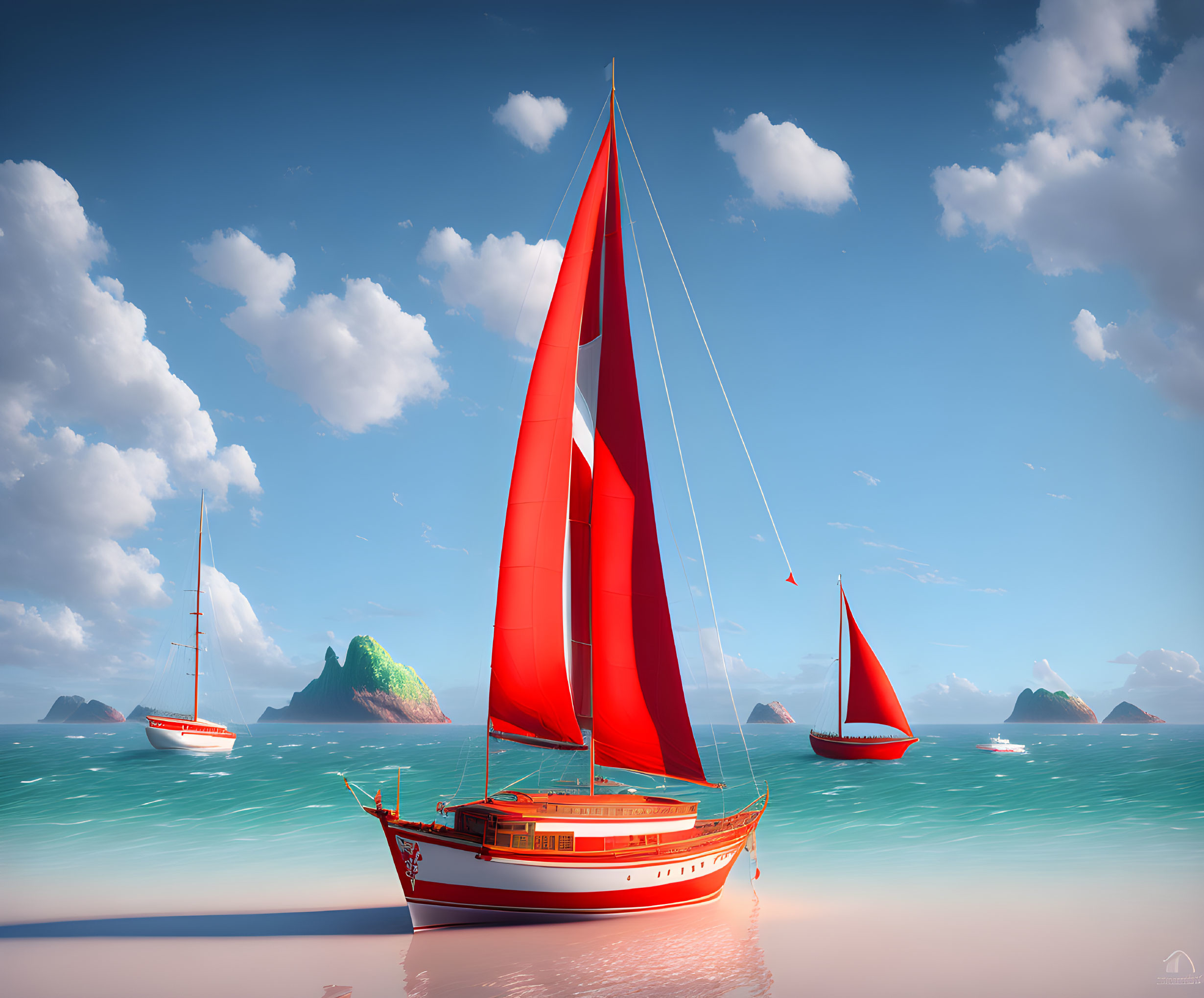 Tranquil sea scene with red-sailed boat, sailboats, islands, blue sky