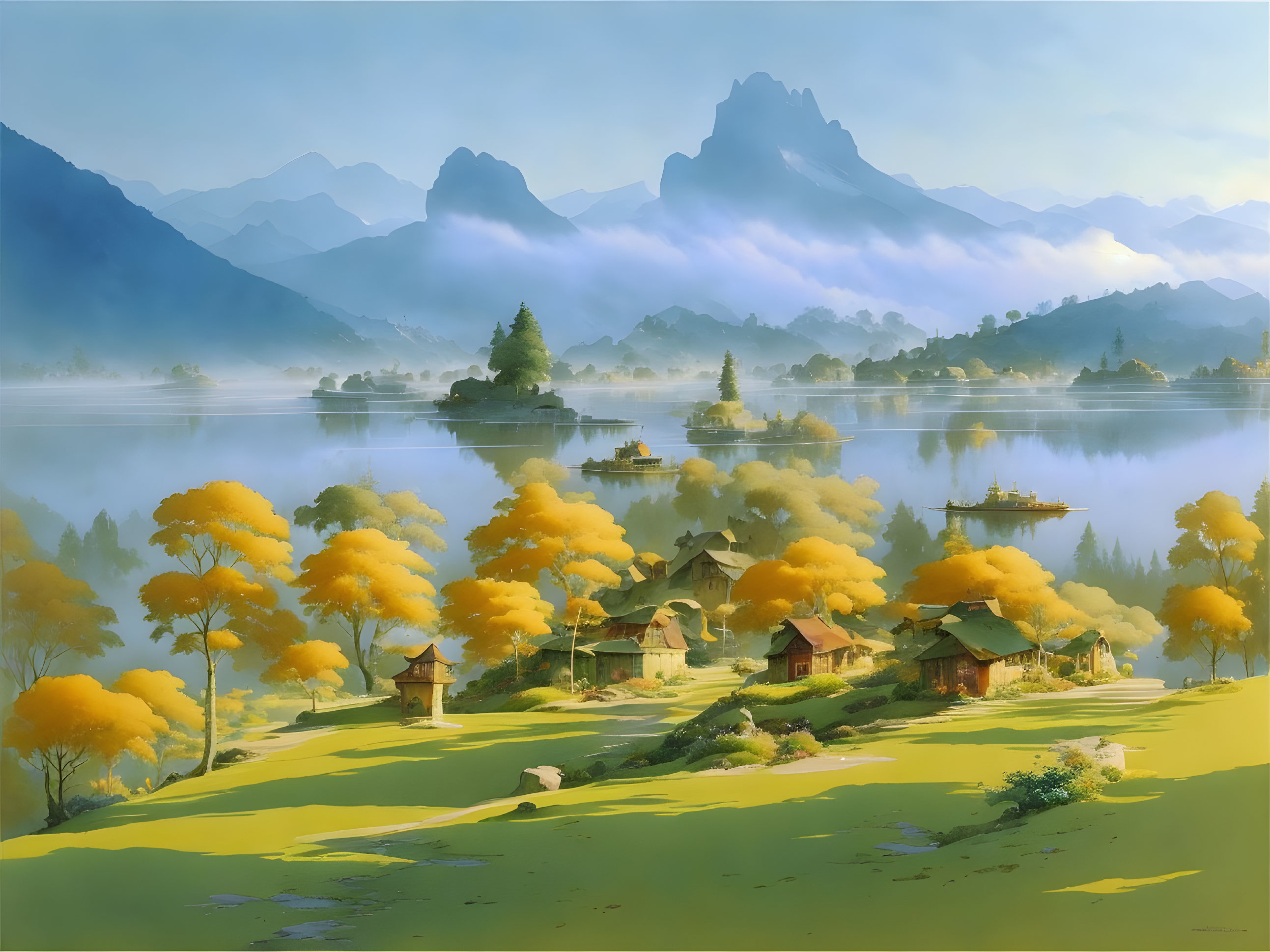 Scenic lake view with misty mountains, village, and yellow trees