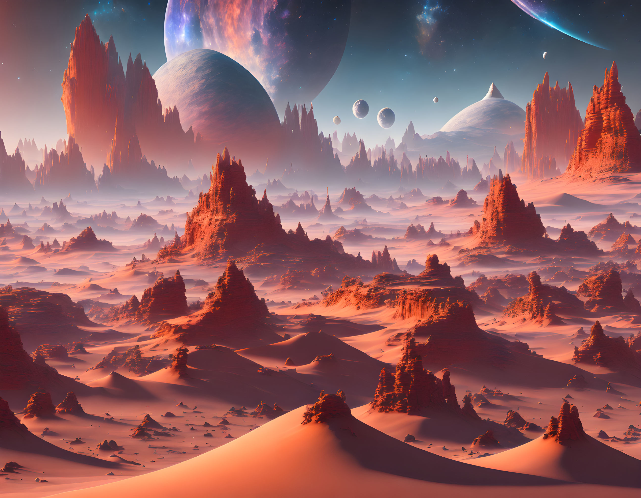 Alien landscape with red spires, dunes, and multiple moons