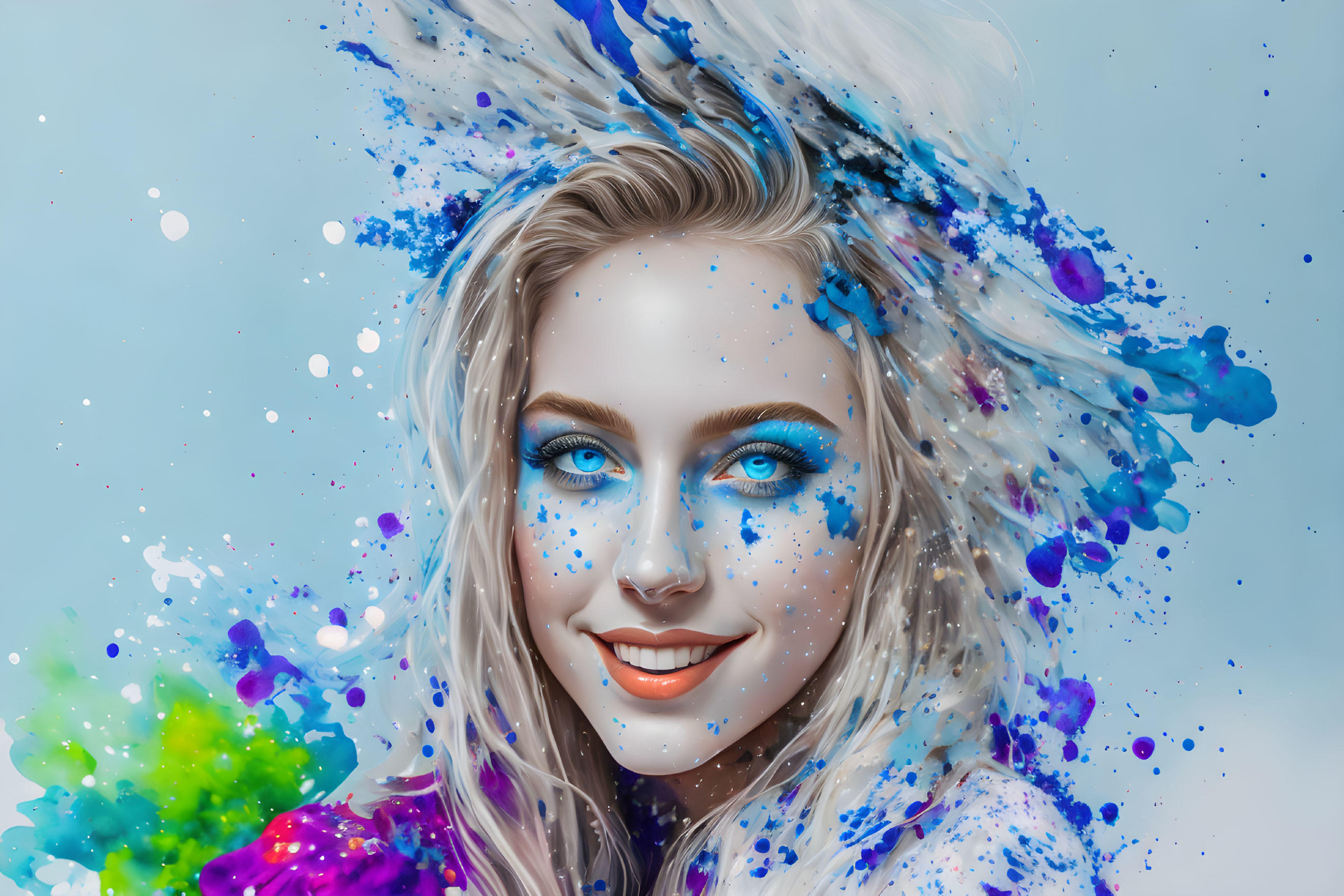 Colorful digital portrait: Woman with bright blue eyes in paint splash backdrop