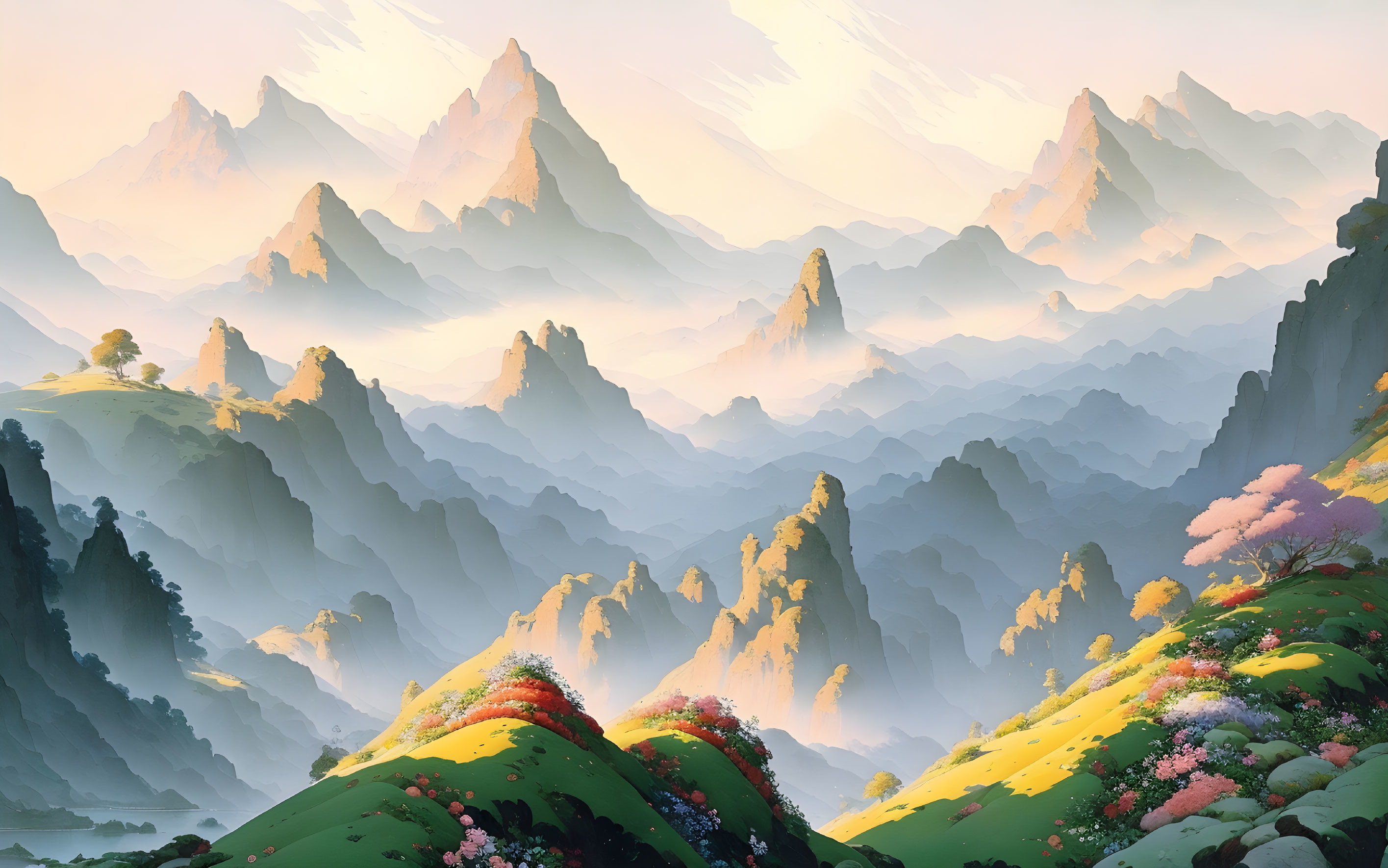 Sunlit mountains and misty valleys in serene landscape.