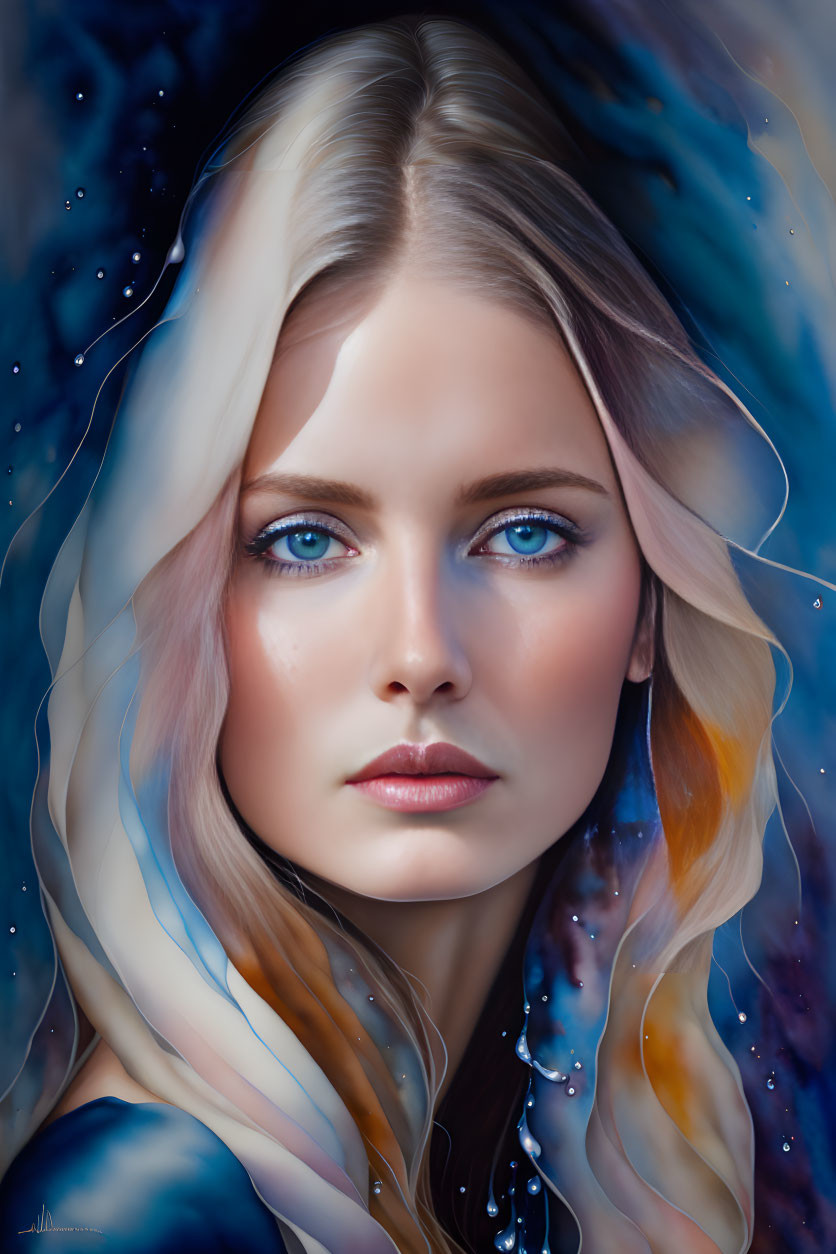 Portrait of a Woman with Striking Blue Eyes and Cosmic Blonde Hair