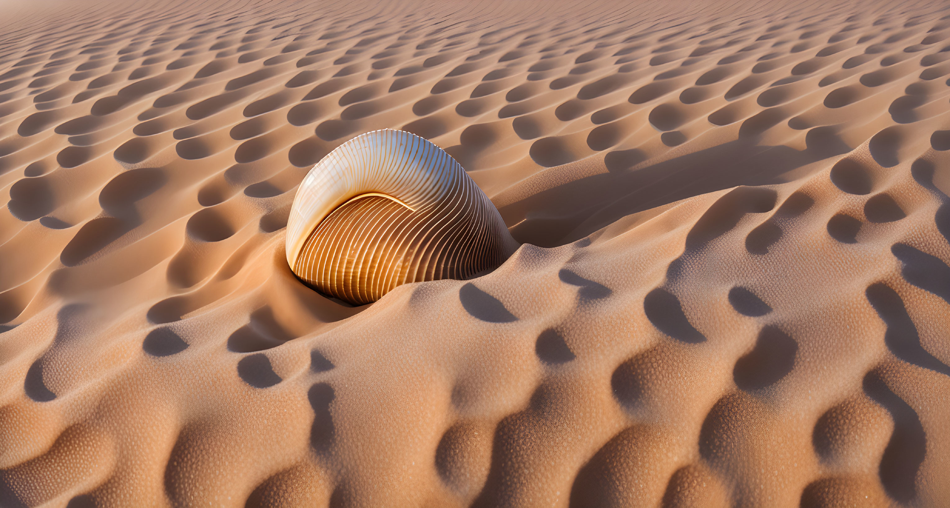 Seashell resting on rippled sand dunes in warm light