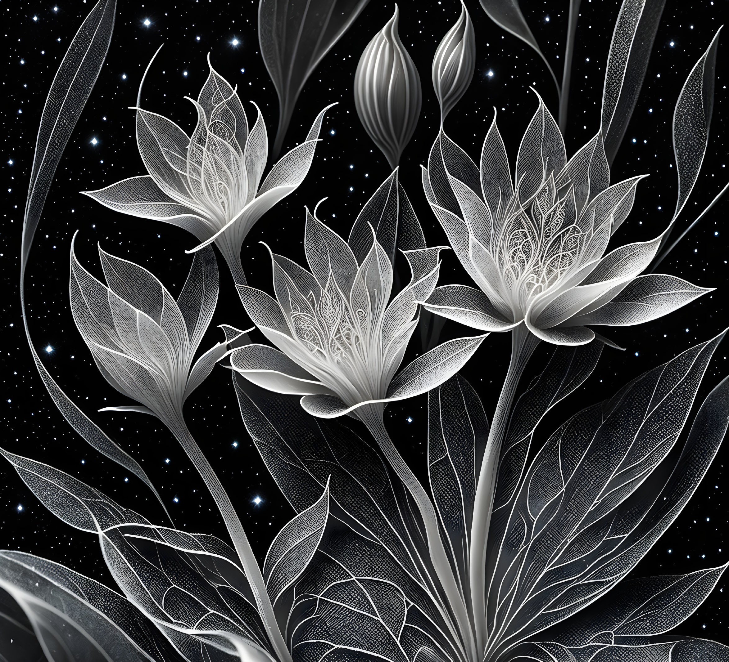 Three luminescent white flowers on dark, starry background