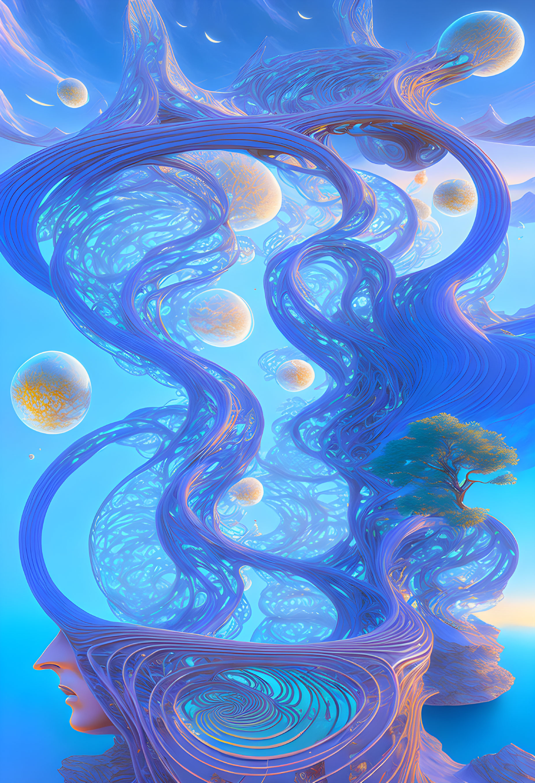 Vibrant surreal digital art: fluid patterns, orbs, human face profile, tree