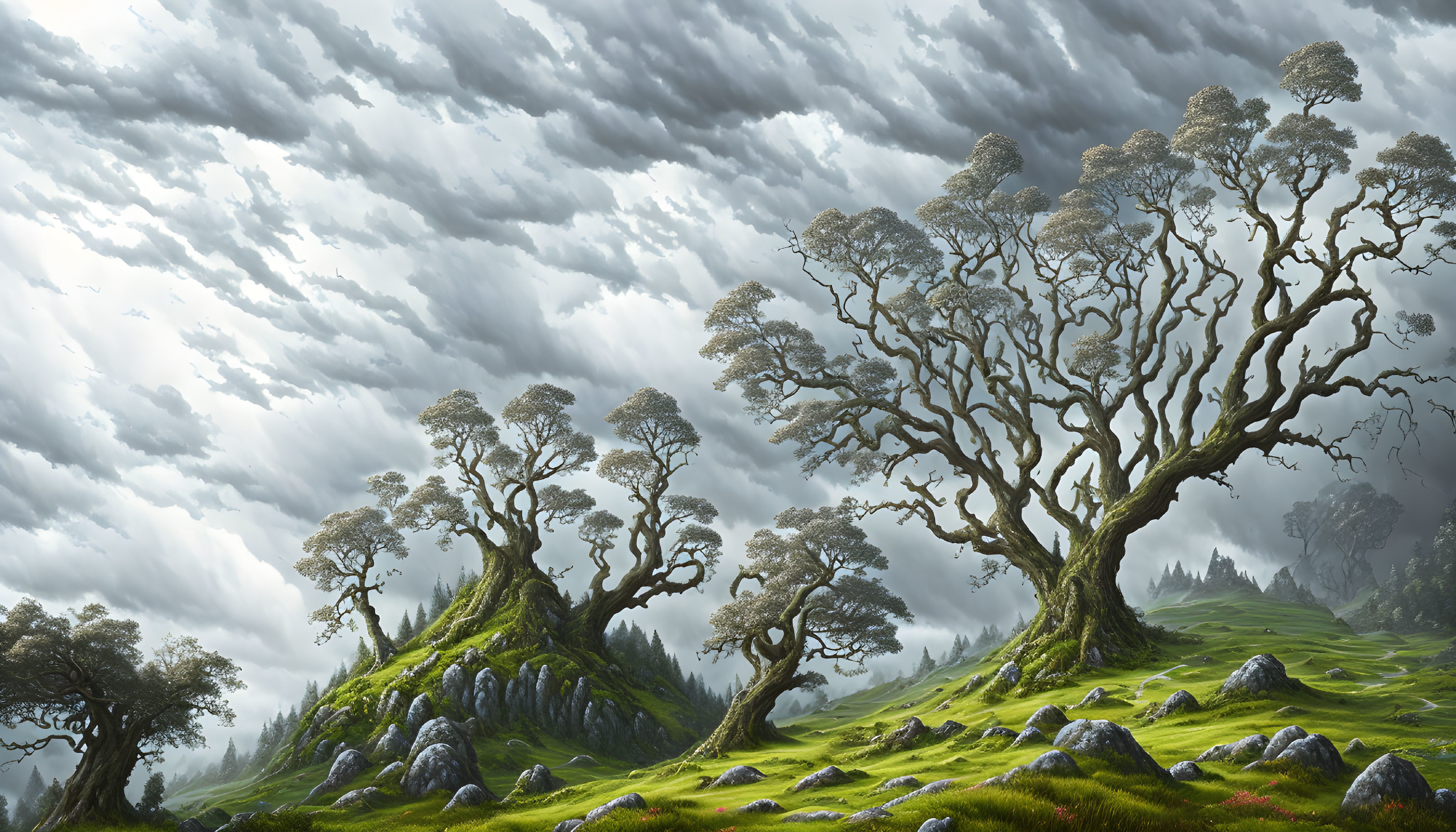 Lush landscape with ancient, twisted trees under dramatic sky