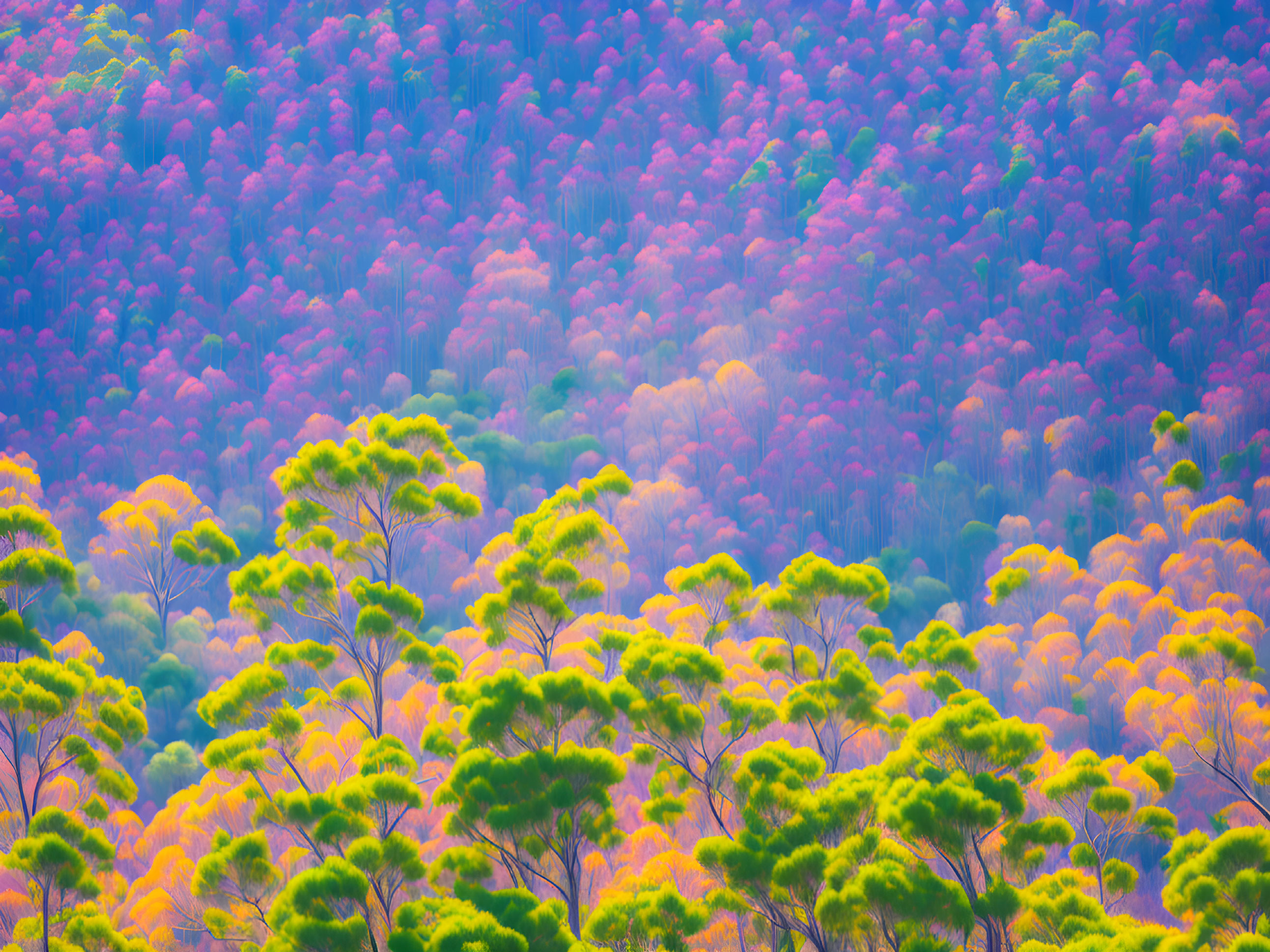 Colorful Yellow and Purple Trees in Vibrant Forest Landscape