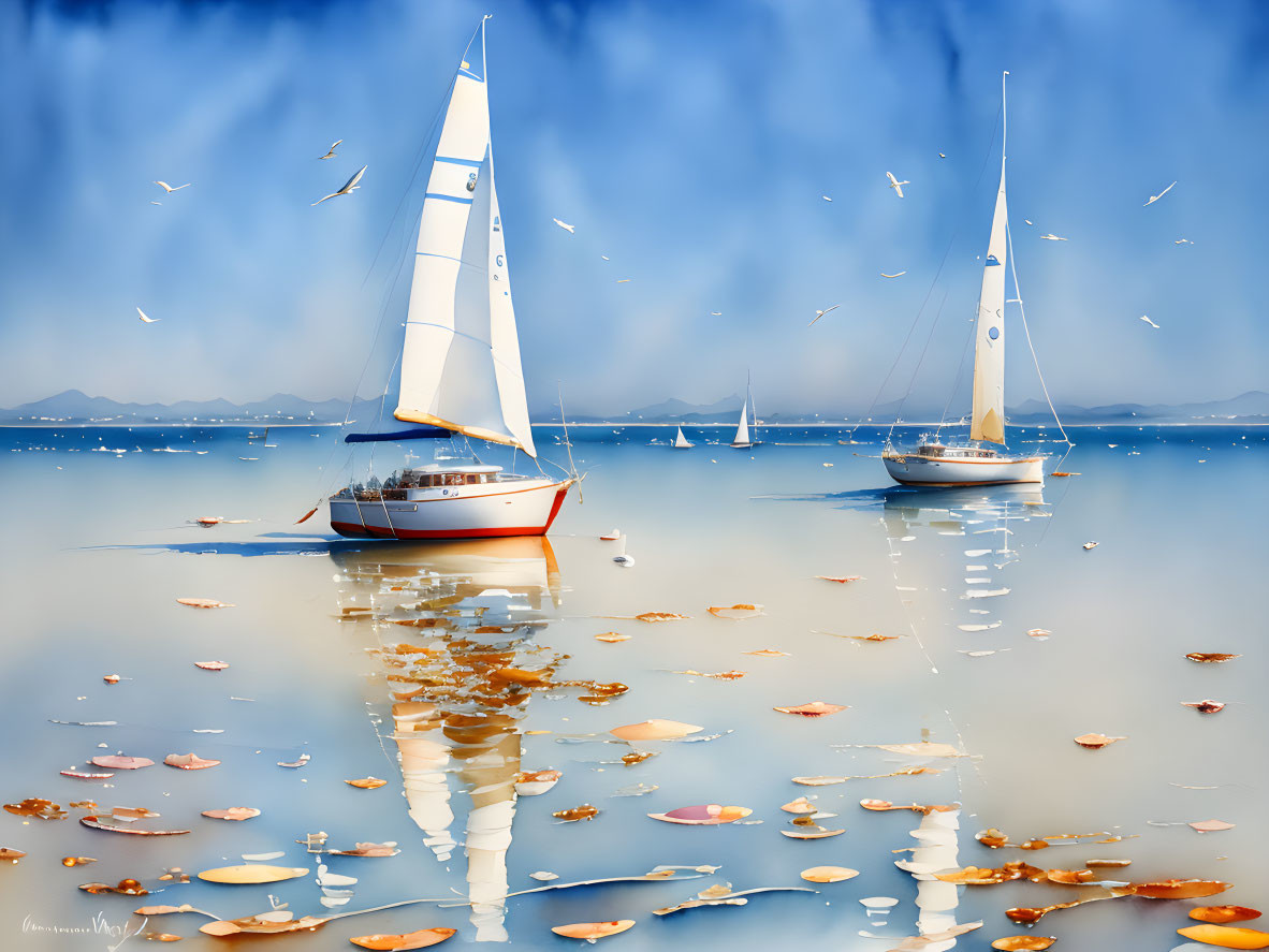 Sailboats on calm blue sea with reflections, seagulls, leaves, and distant mountains.