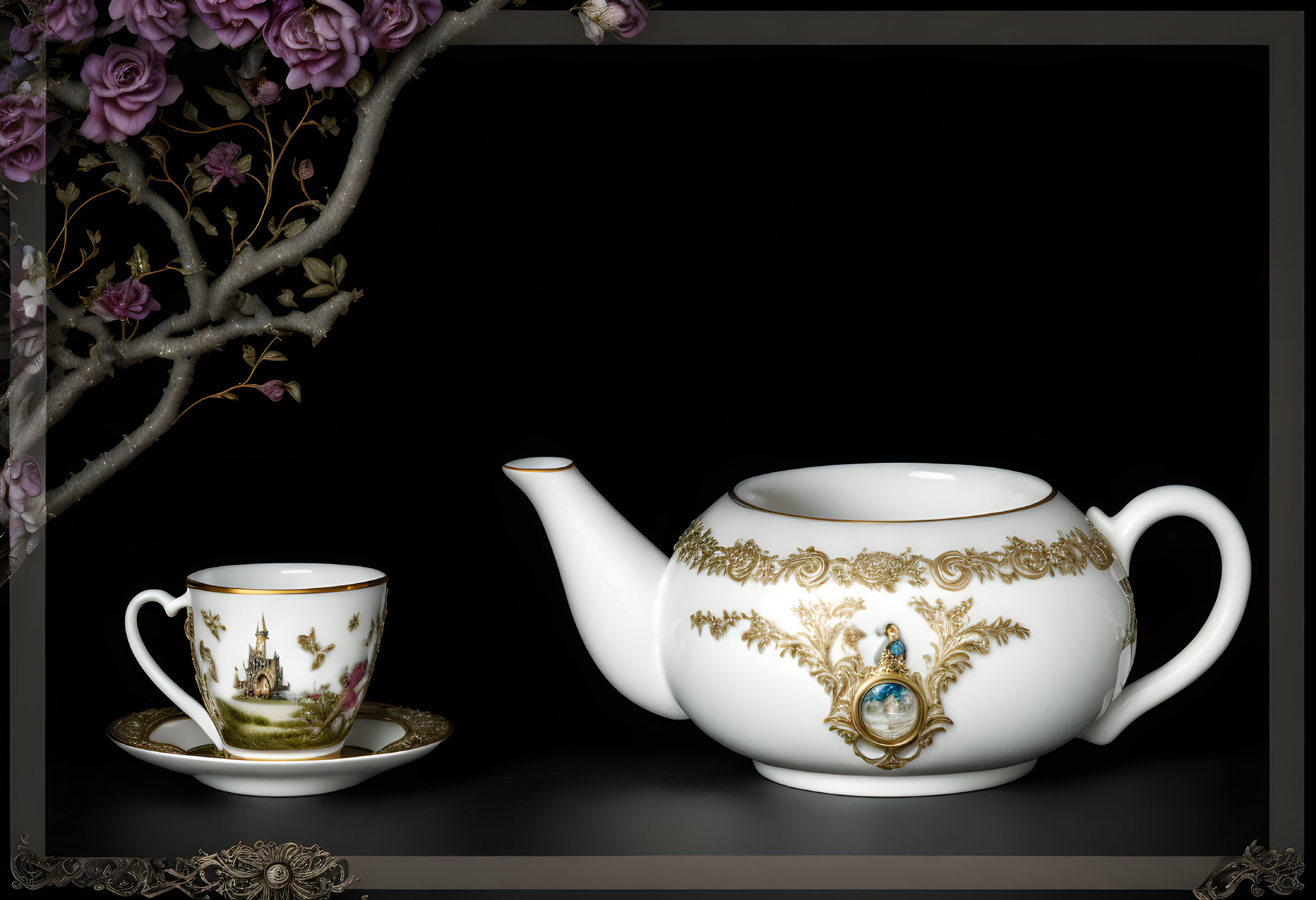 Porcelain Teapot and Cup Set with Gold Accents and Landscape Motifs