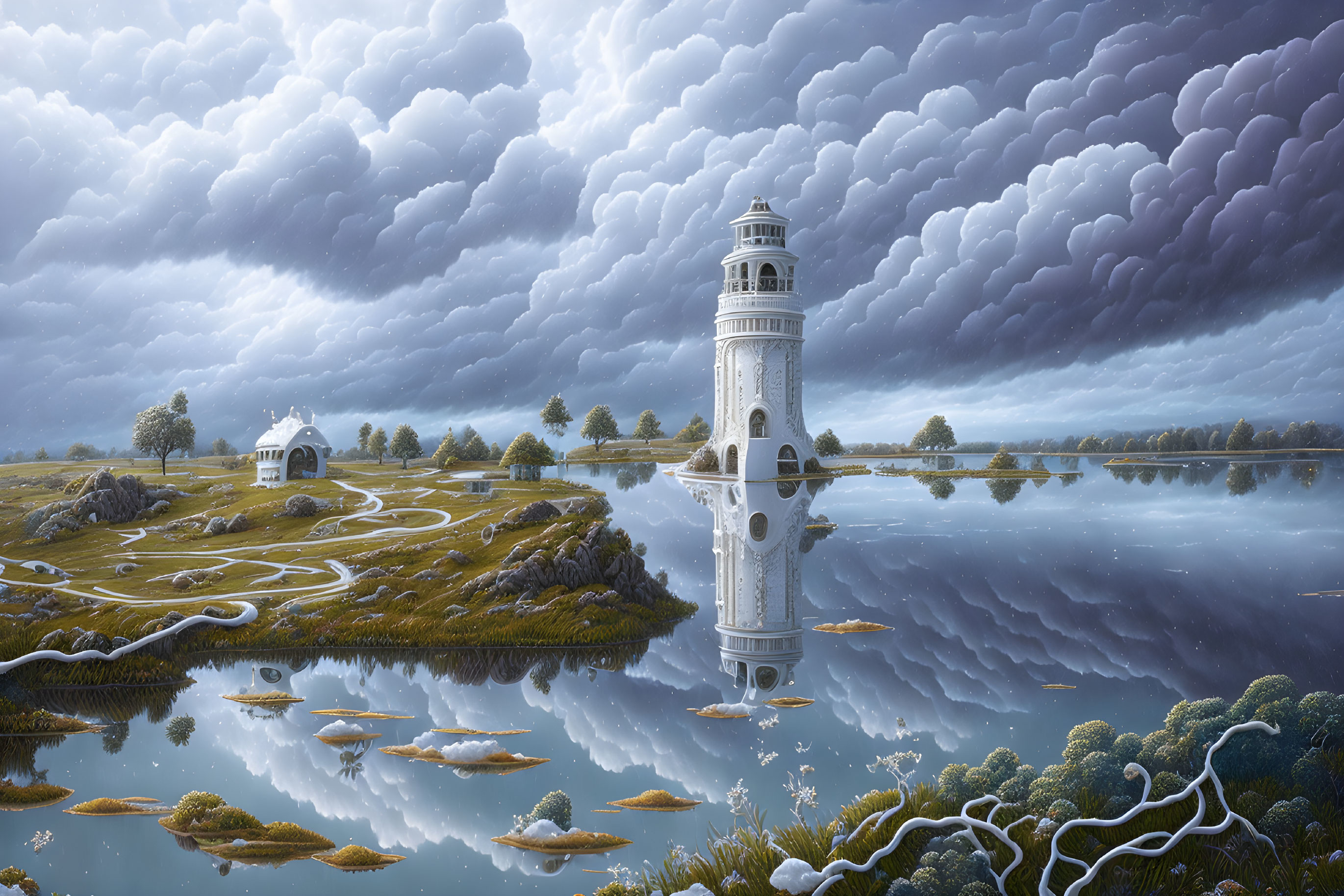 Tranquil white lighthouse by calm lake and greenery