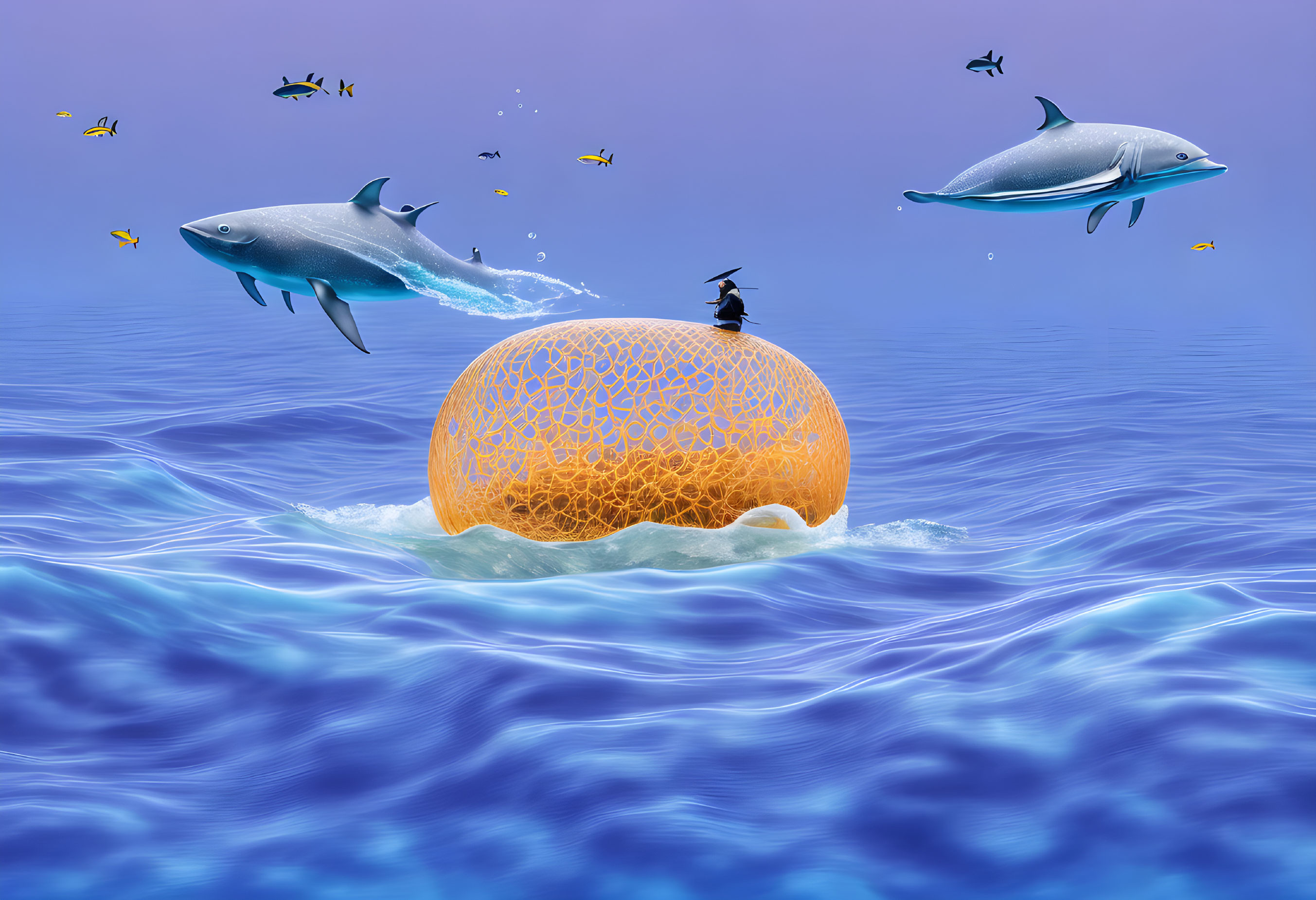 Surreal ocean scene with giant orange sphere, flying fish, dolphin, and bird