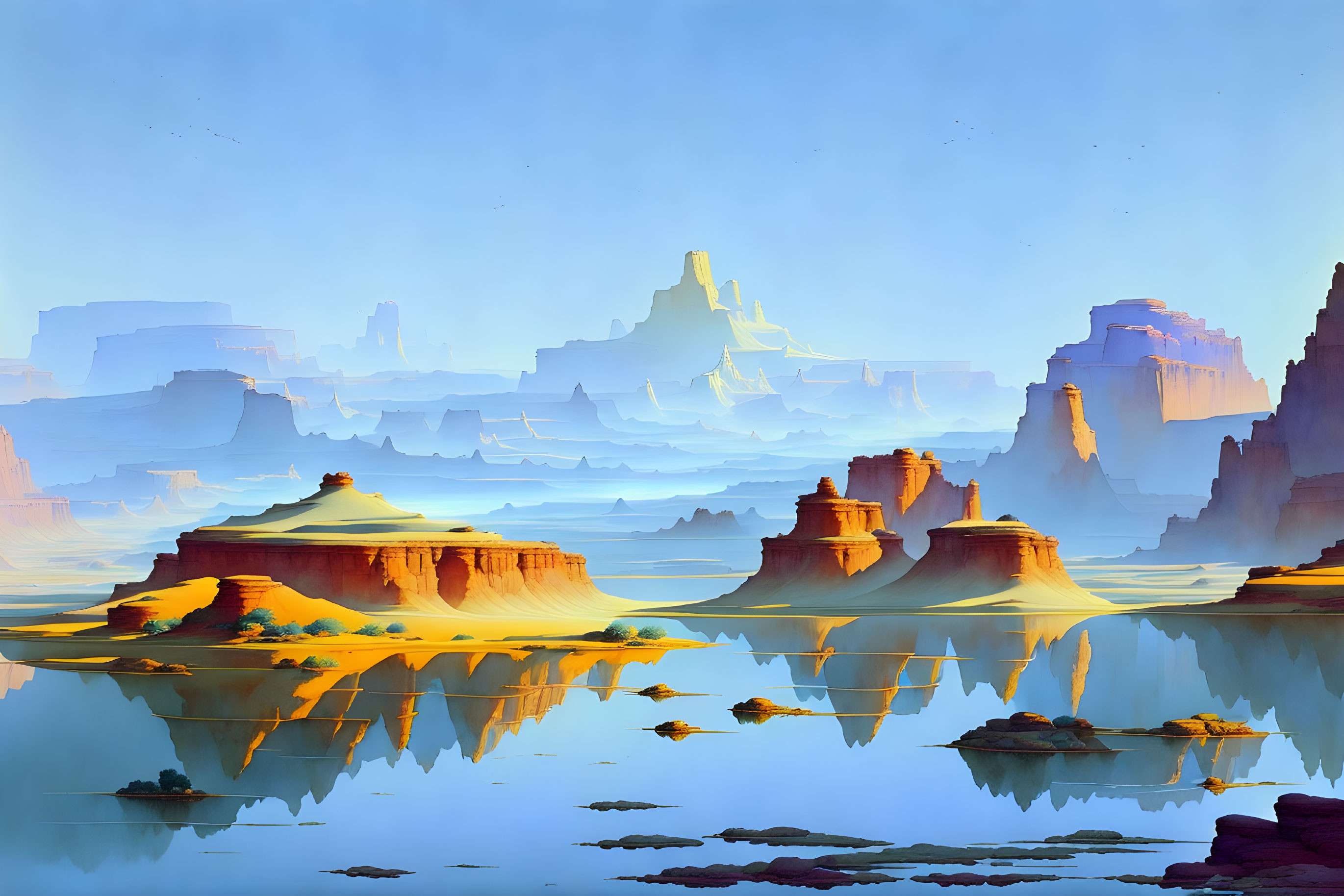 Tranquil desert landscape with blue skies and mesas reflected in water