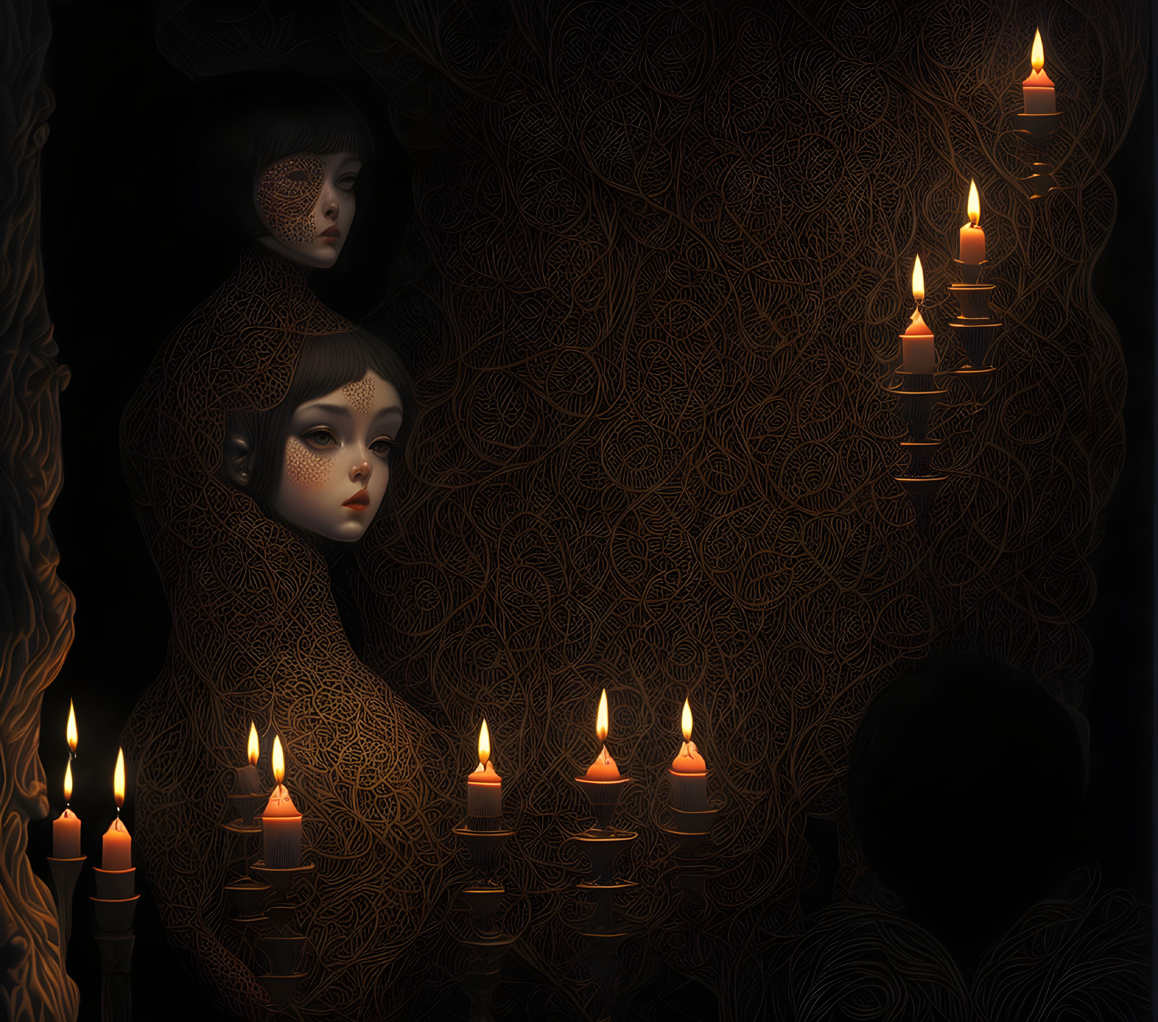 Stylized melancholic figures with ornate patterns and candles on dark background