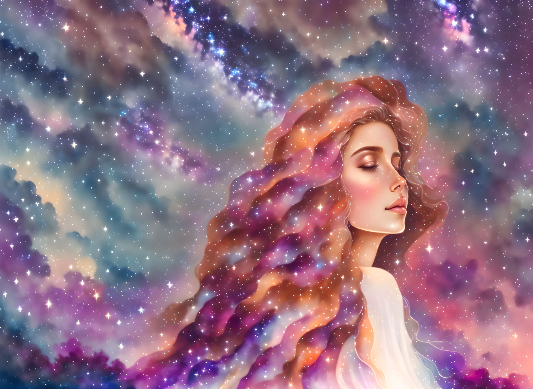 Woman with Wavy Hair in Starry Cosmos Background and Vibrant Nebula Colors