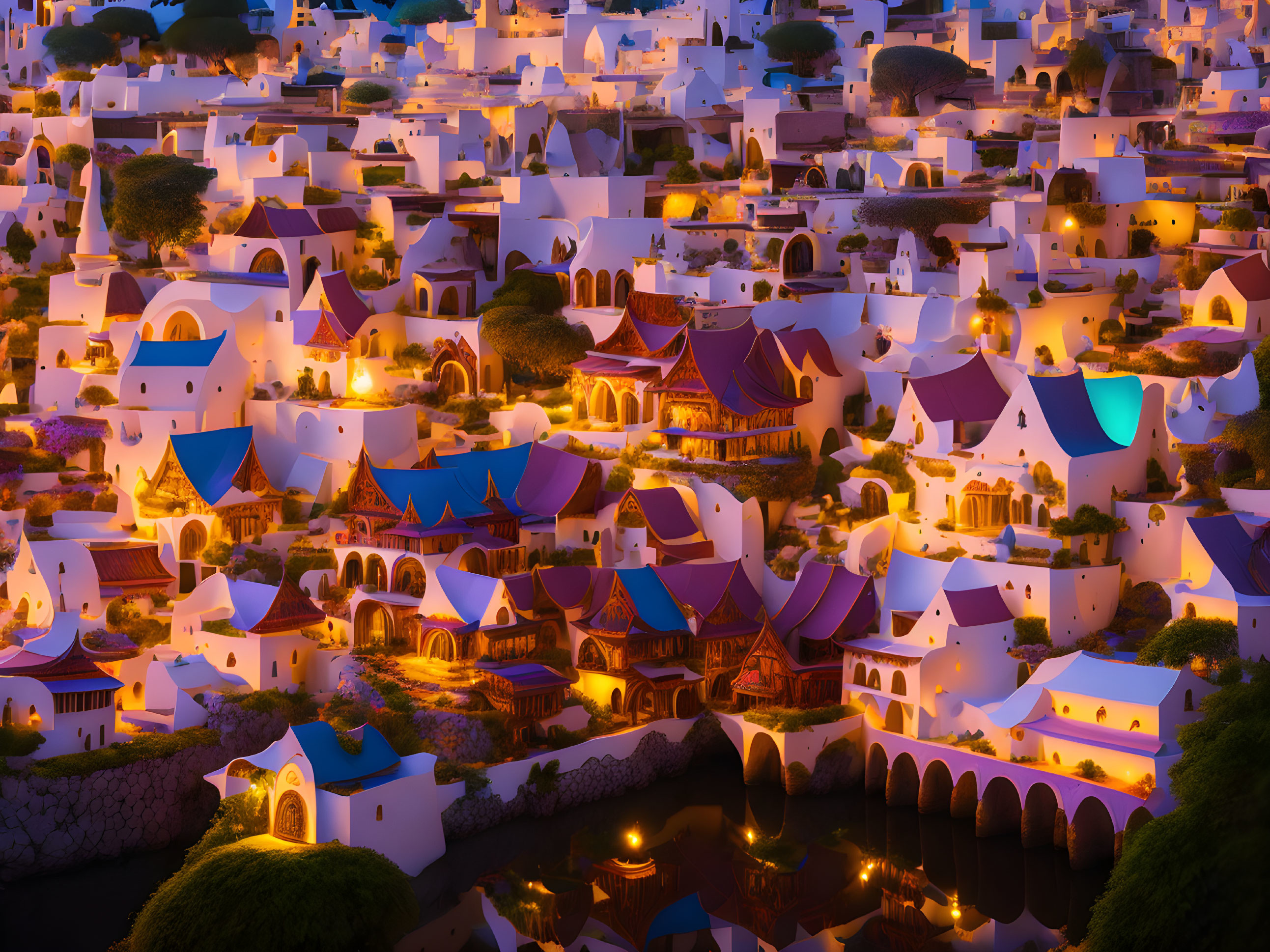 Enchanting village scene: glowing lights, colorful rooftops, waterways, bridges