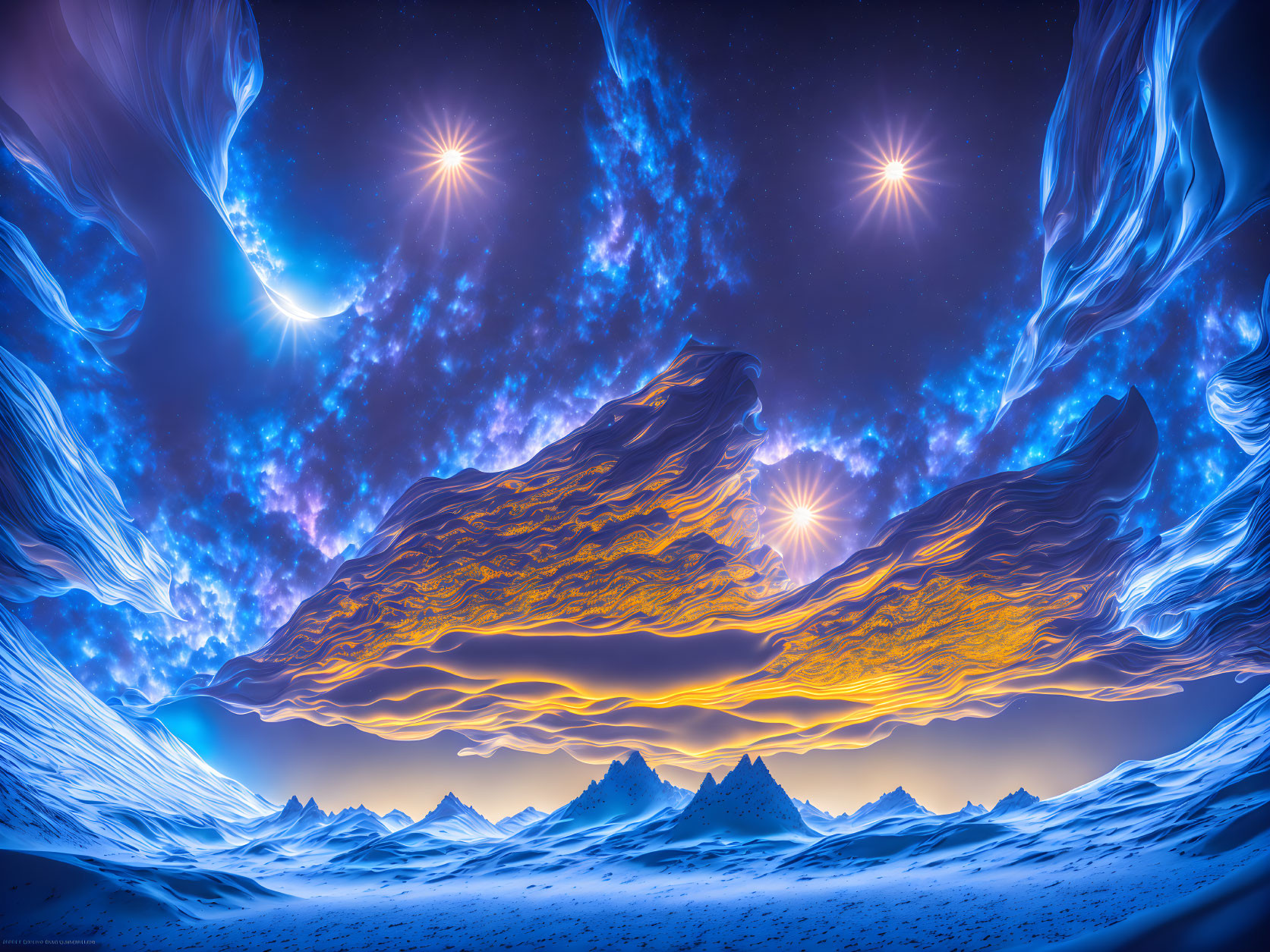 Vibrant surreal digital art: Glowing sky layers above icy mountains