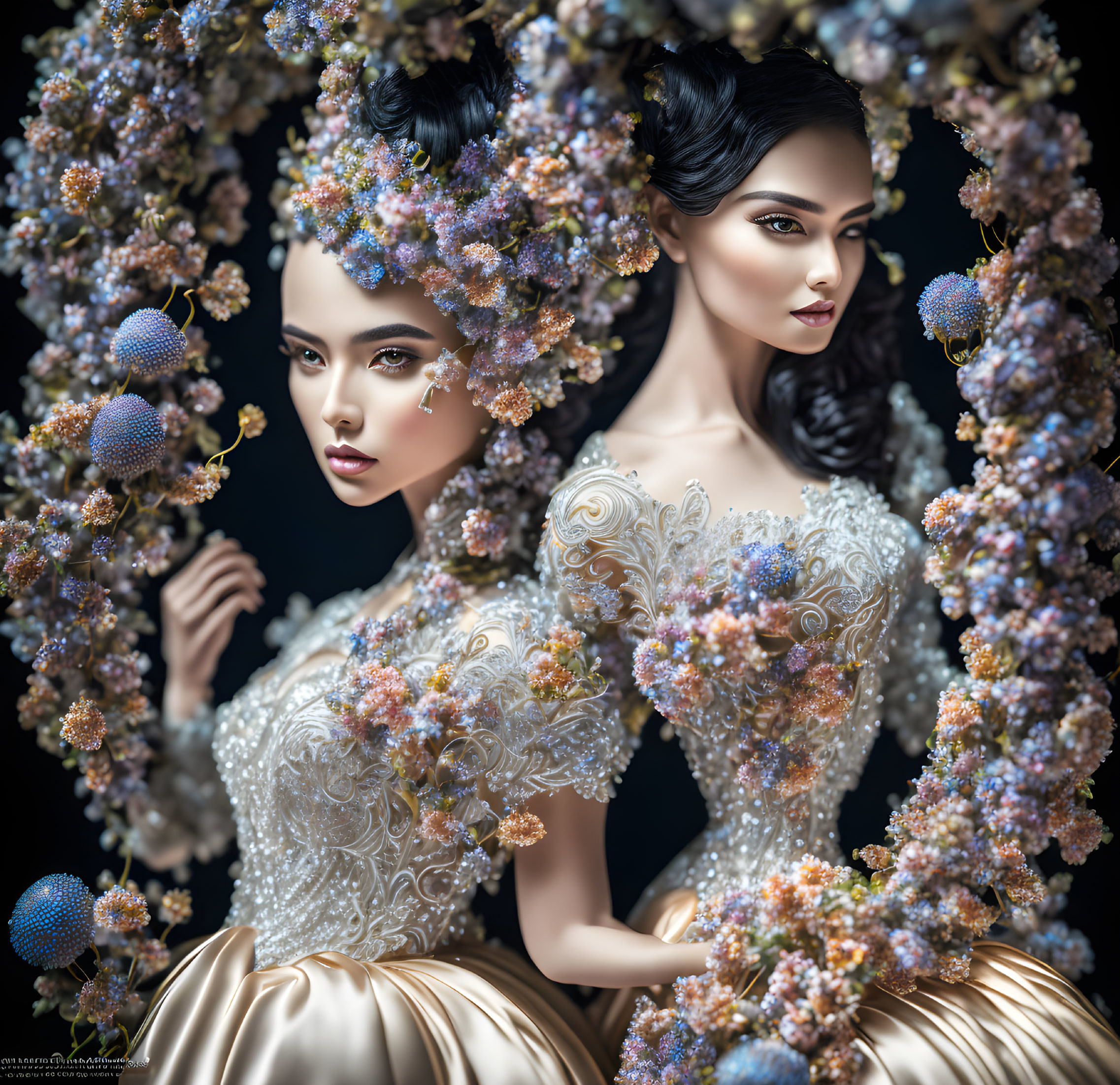 Two women in floral headpieces and lace gowns reflect elegantly.