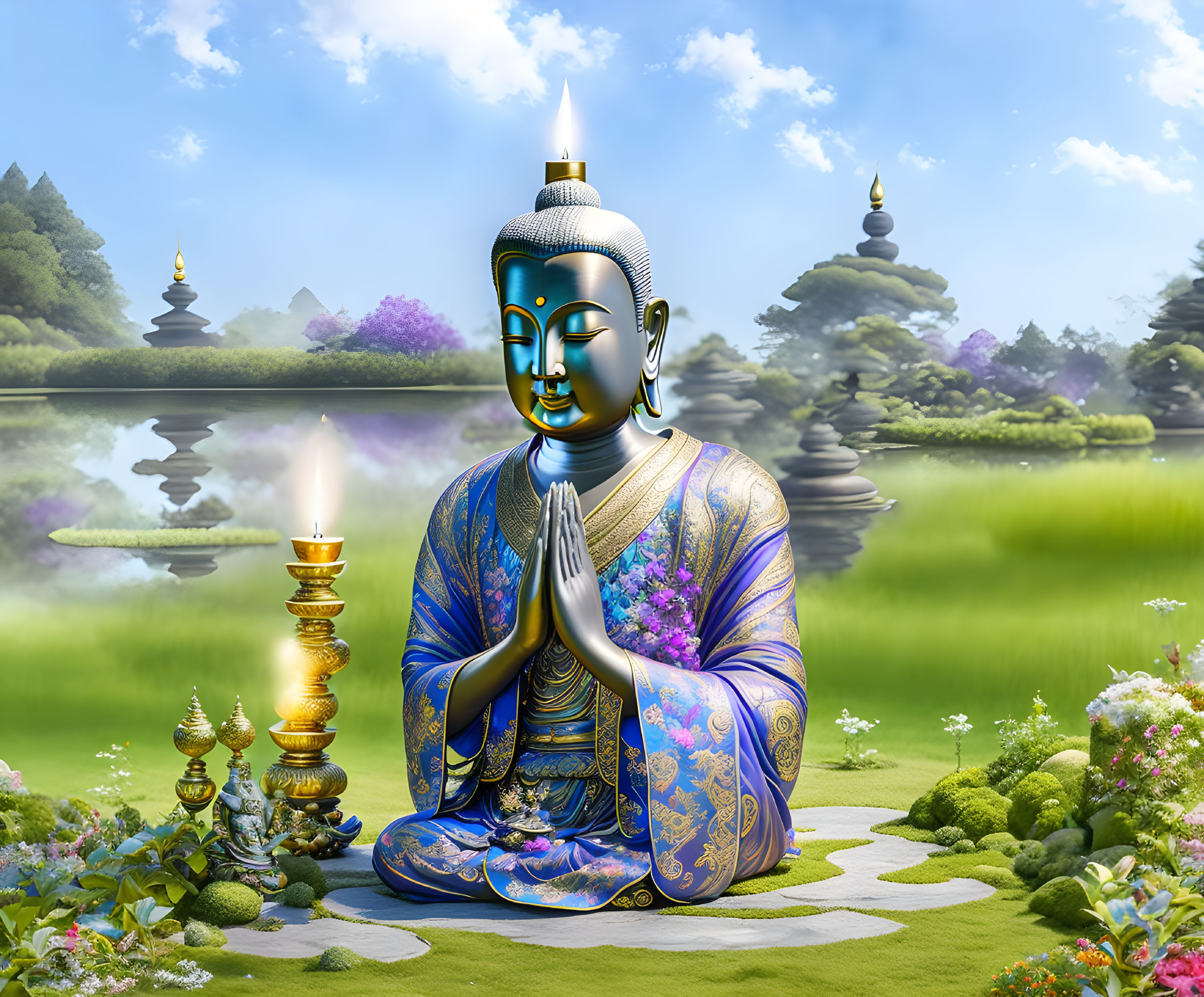 Vibrant Buddha statue illustration in meditative pose with serene background.