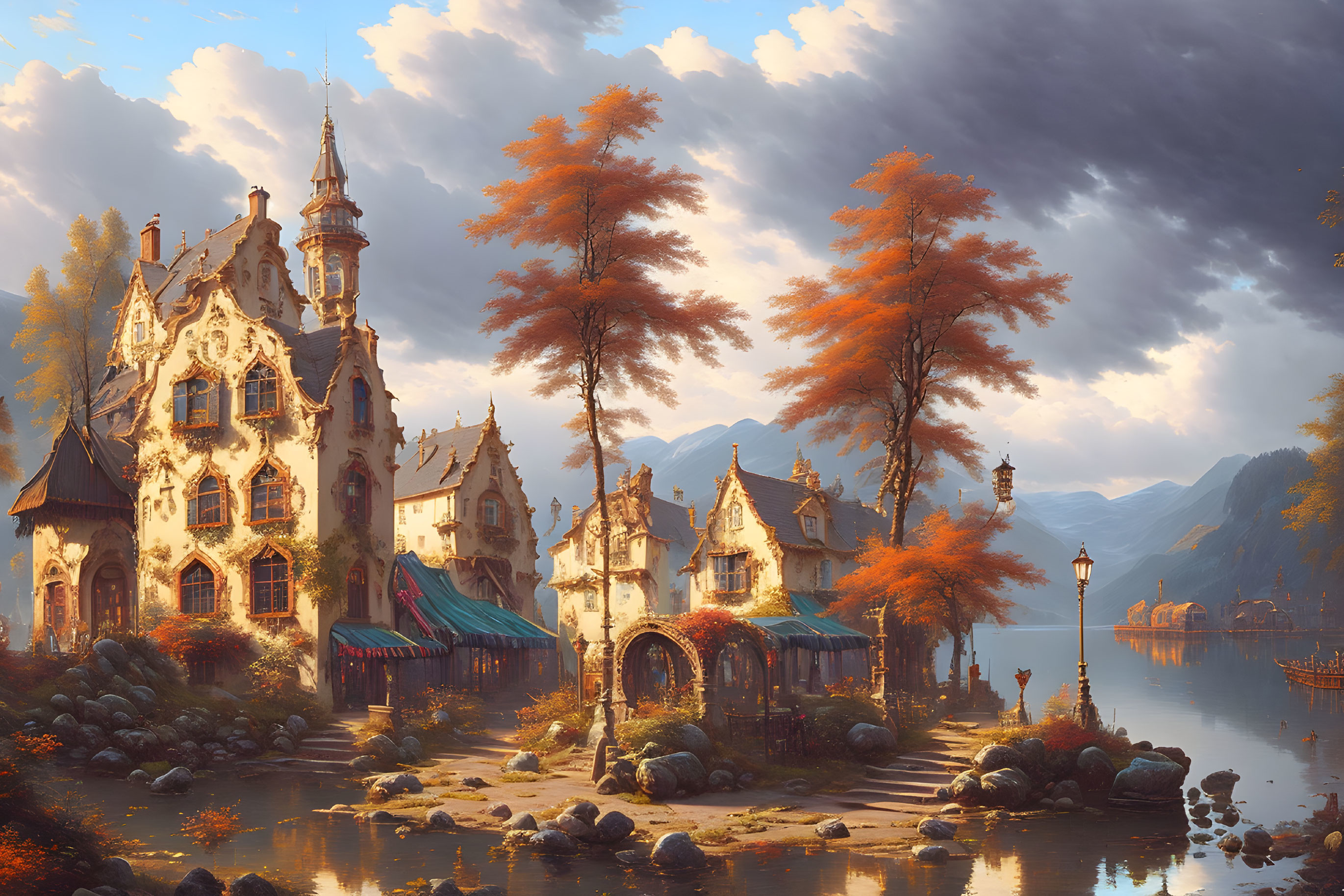 Fantasy castle by serene lake in autumn foliage landscape