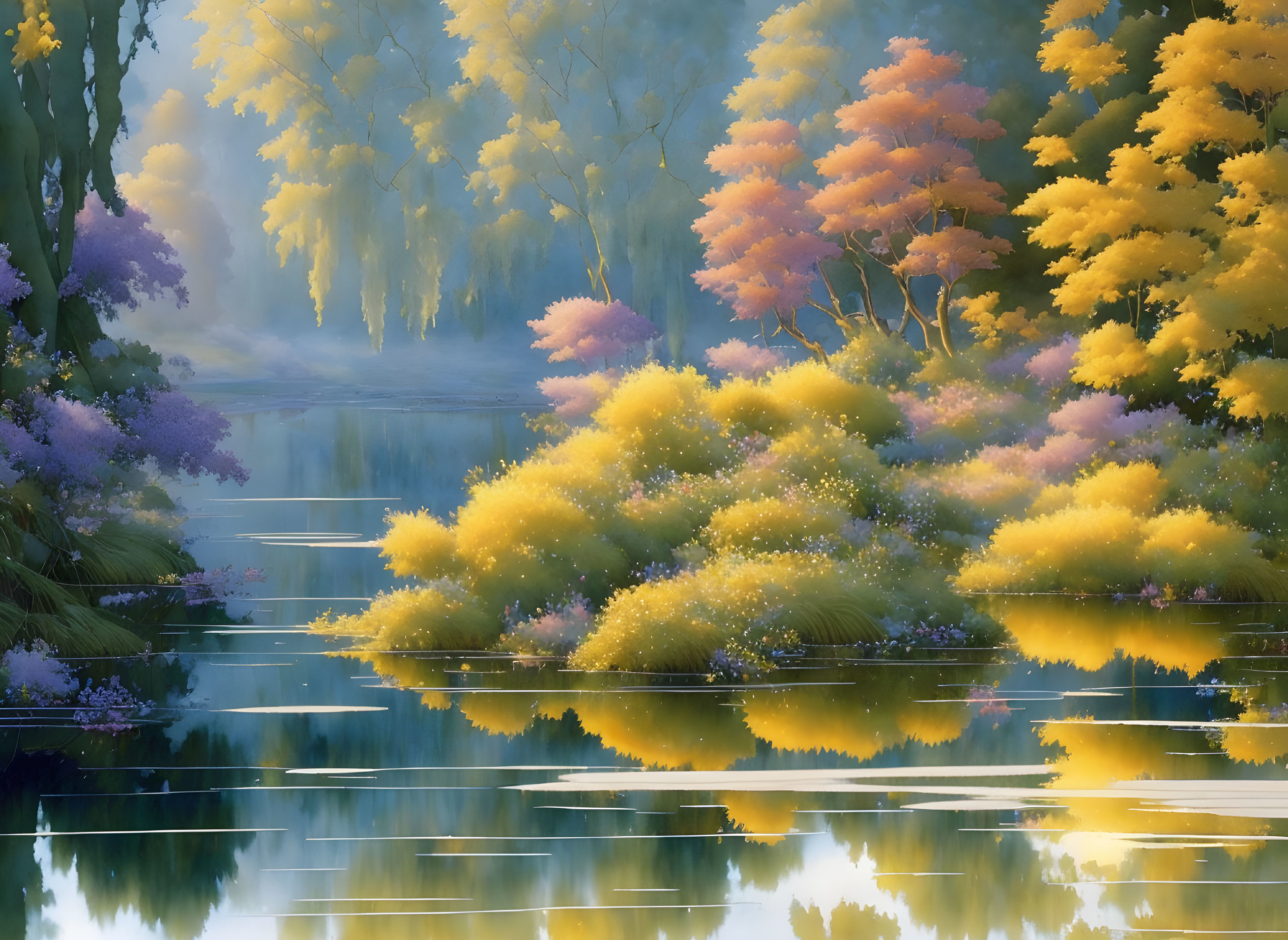 Colorful Autumn Trees Reflecting in Serene Lake Amidst Misty Forest