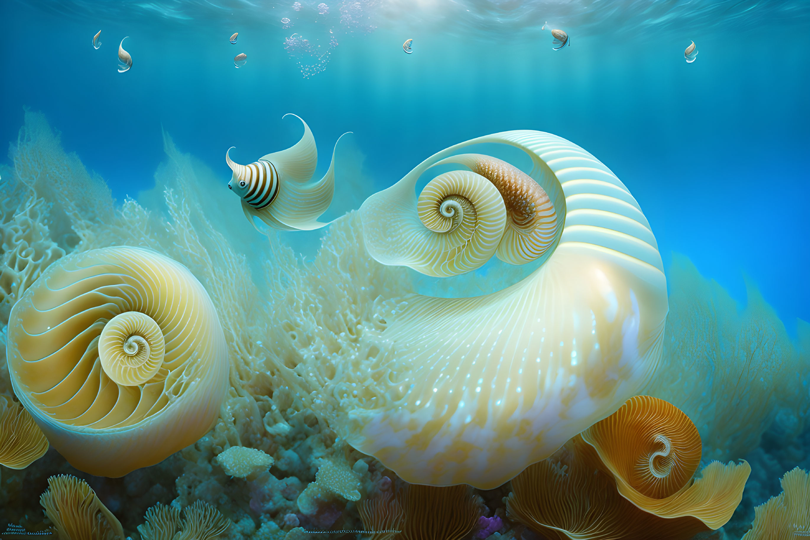 Stylized nautilus creatures in underwater coral reef with small fish