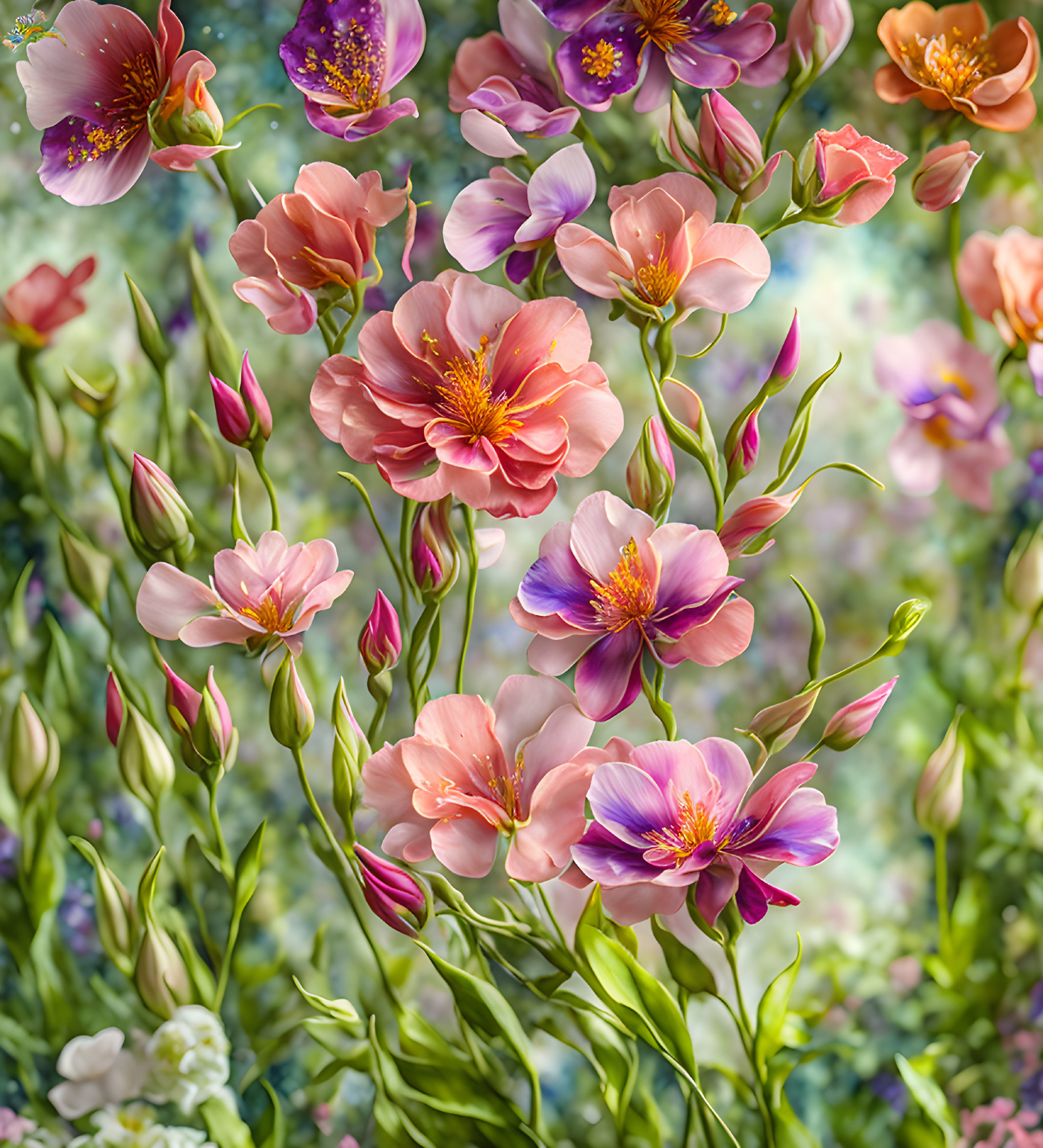 Colorful Pink and Purple Flowers in Full Bloom with Lush Greenery and Botanical Background