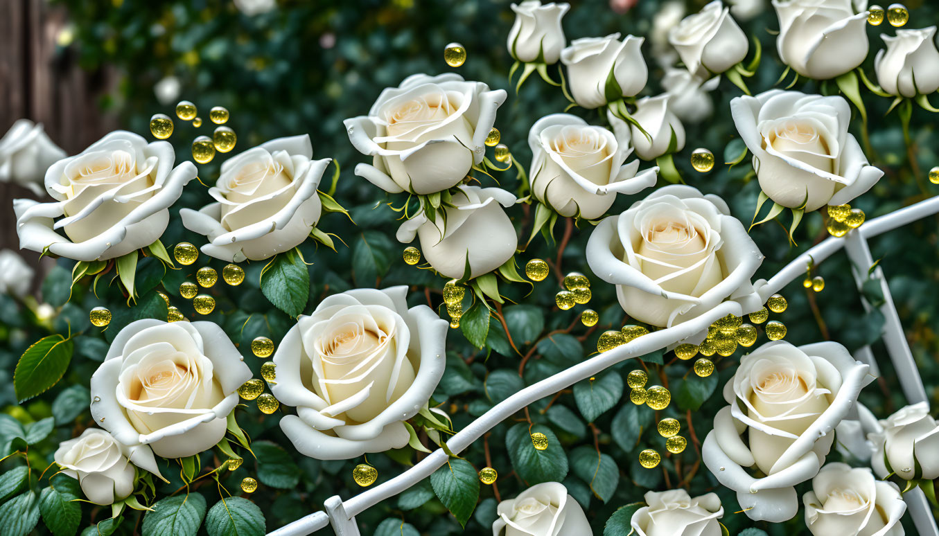 White Roses with Gold Bubbles on Green Foliage