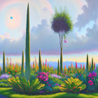 Surreal Landscape with Stylized Trees and Multiple Moons