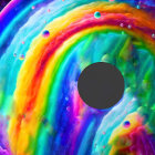 Colorful Space Scene with Black Hole, Spaceship, and Planet