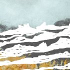 Snow-covered valley watercolor landscape with mountains and sky