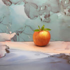 Large and small apples on white surface with flowering trees and petals reflected in water