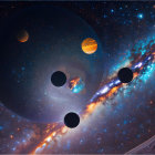 Colorful Space Scene with Planets, Moons, and Sunburst